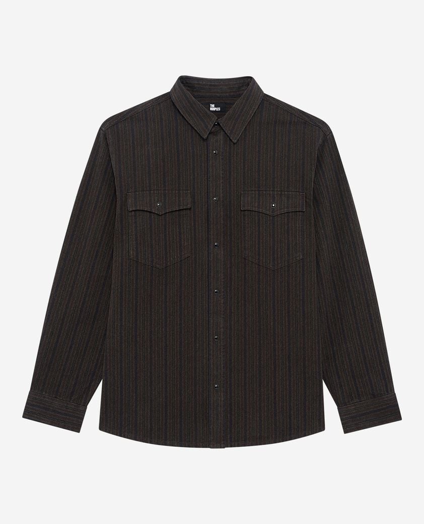 The Kooples H WASHED GREY brown and blue molten stripe overshirt