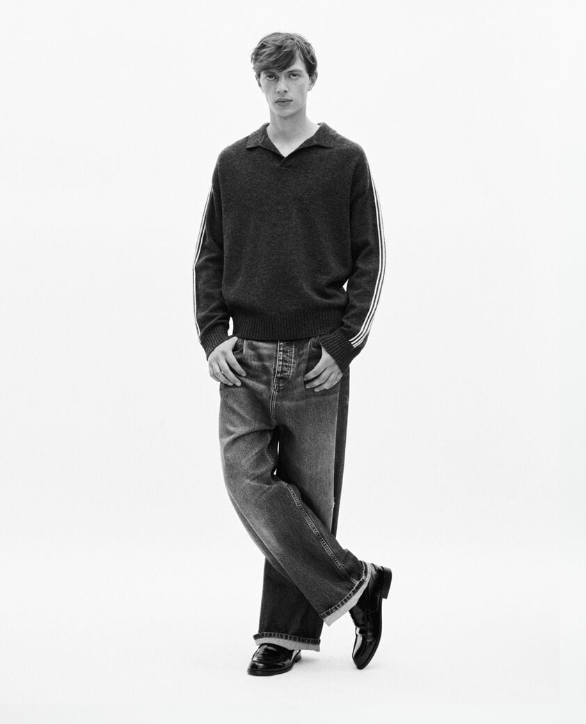 The Kooples MEN GREY wool polo neck sweater with contrasting gray stripes