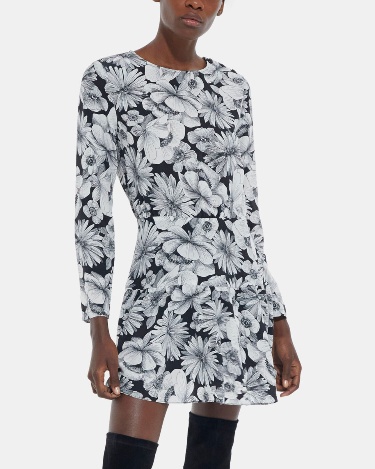 The Kooples WOMEN BLACK WHITE short floral silk dress