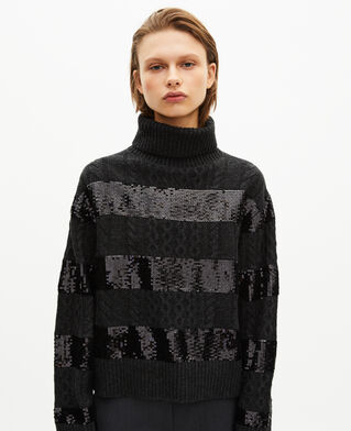 The Kooples WOMEN BLACK dark grey turtleneck sweater with sequin stripes