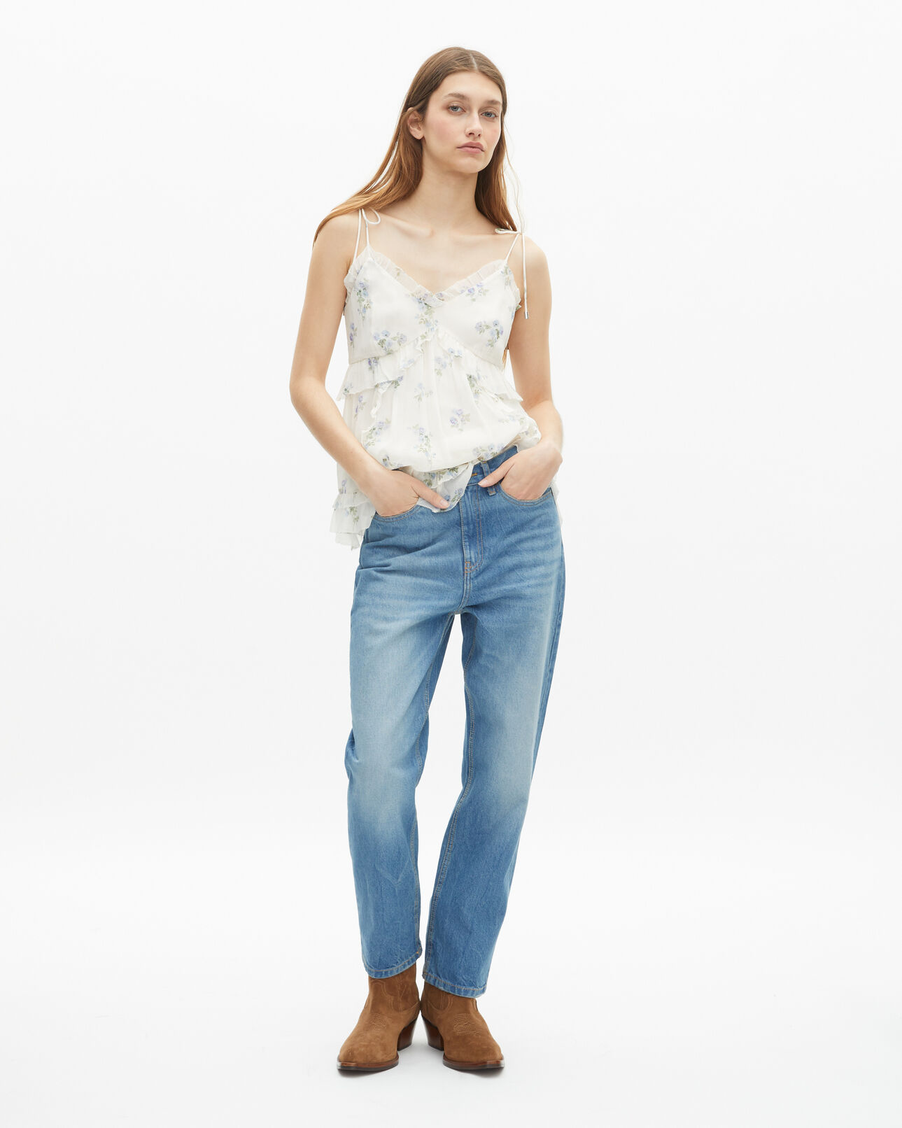 The Kooples DAMEN WHITE / SKY BLUE top mit rüschen im blumendruck weiß