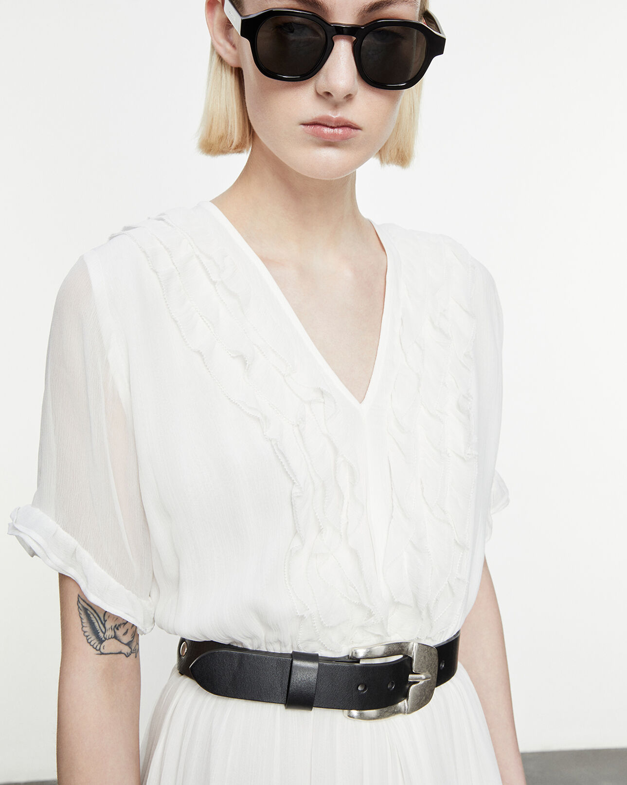 The Kooples MUJER ECRU vestido largo blanco crudo escote v volantes