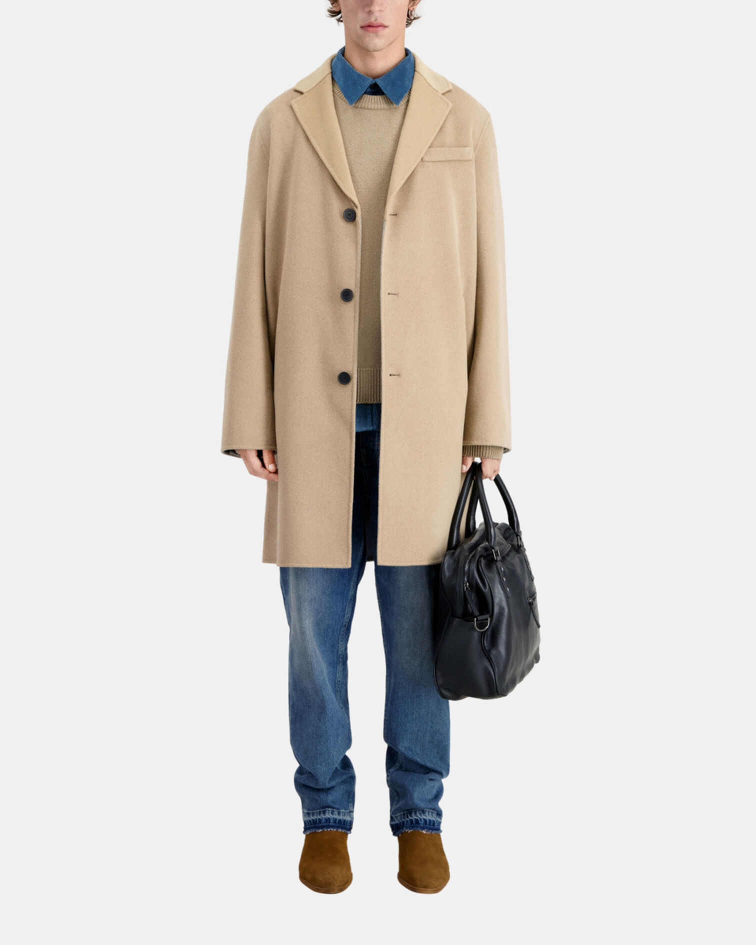 Long beige wool blend coat, CAMEL, hi-res image number null