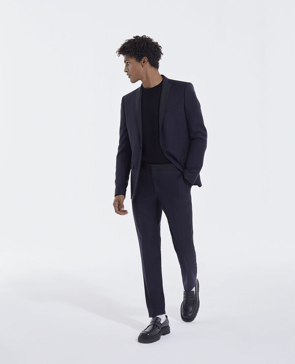midnight blue wool suit pants with creases