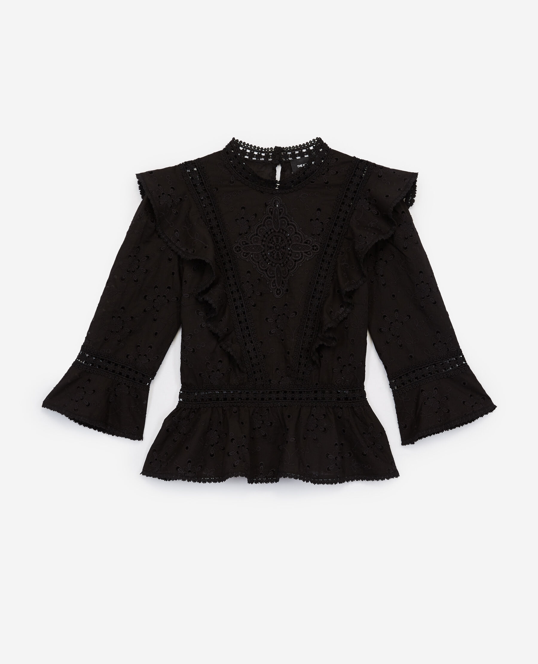 Long sleeved black embroidered top w peplum