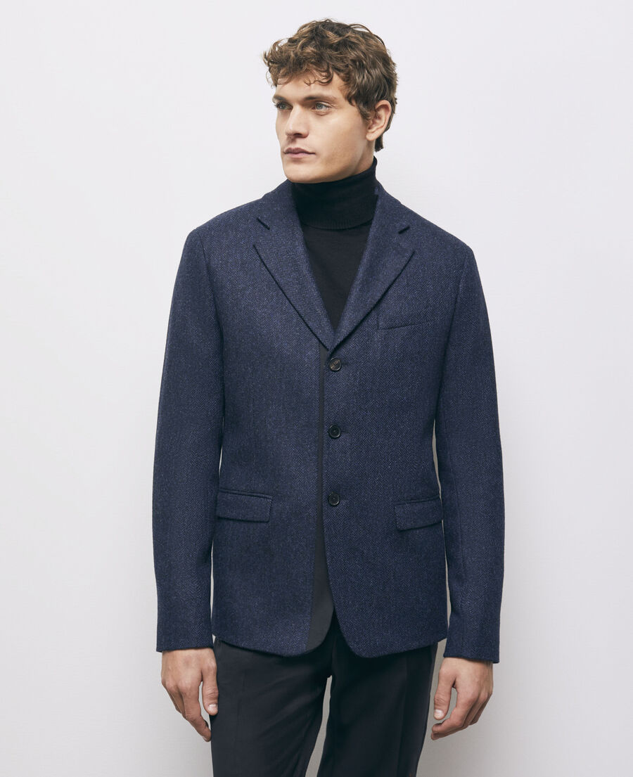 blue patterned wool jacket