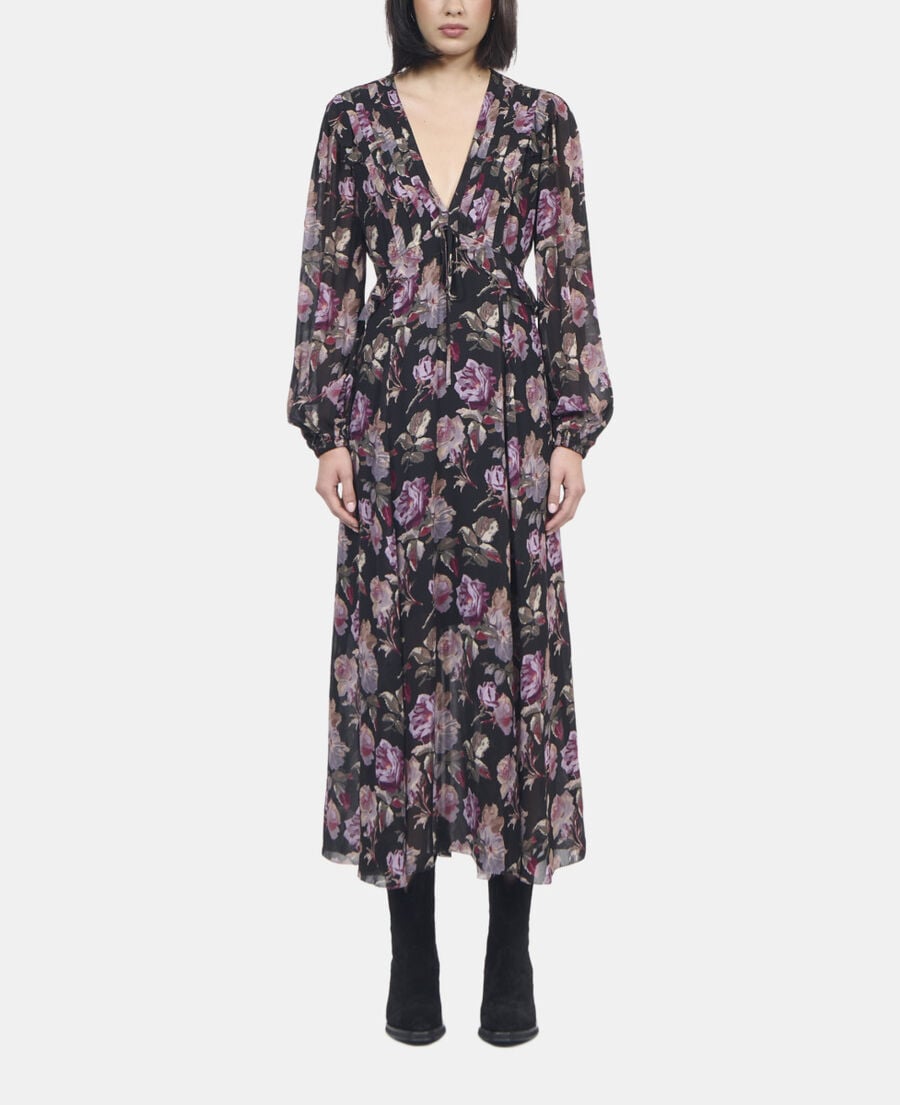 The Kooples FEMME BLACK / PURPLE robe longue imprimé fleuri