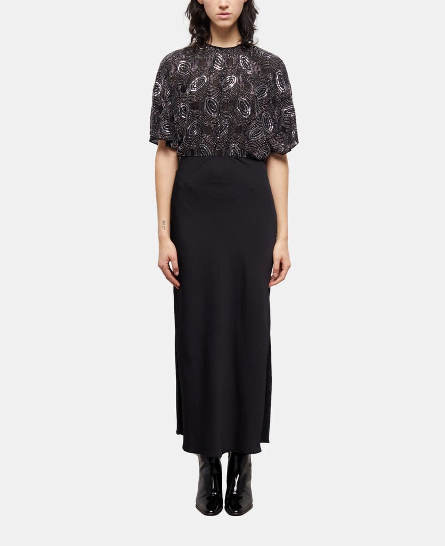 The Kooples F BLACK long black satin dress with rhinestones