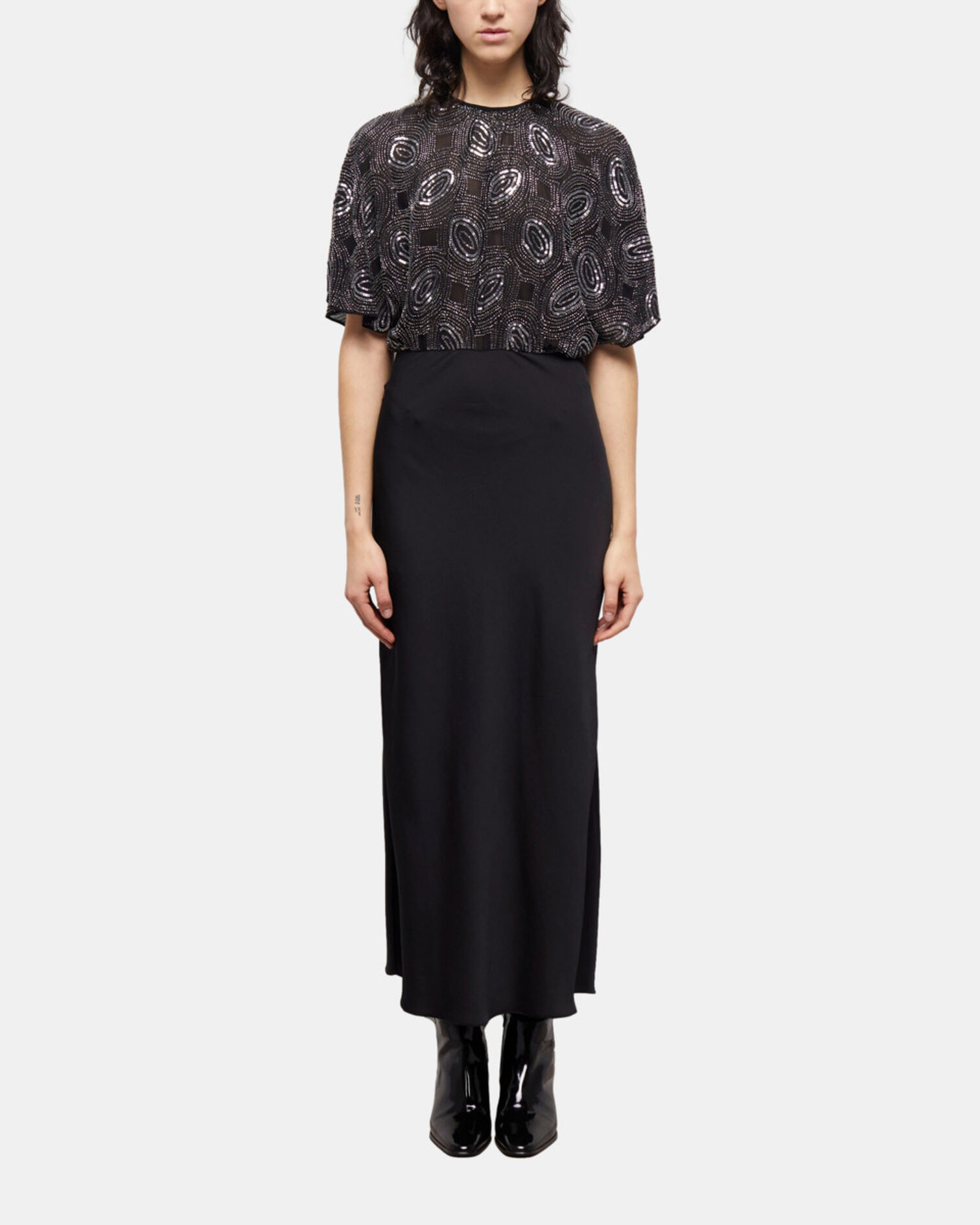 Robe longue noire à perles argentées, BLACK, hi-res image number null