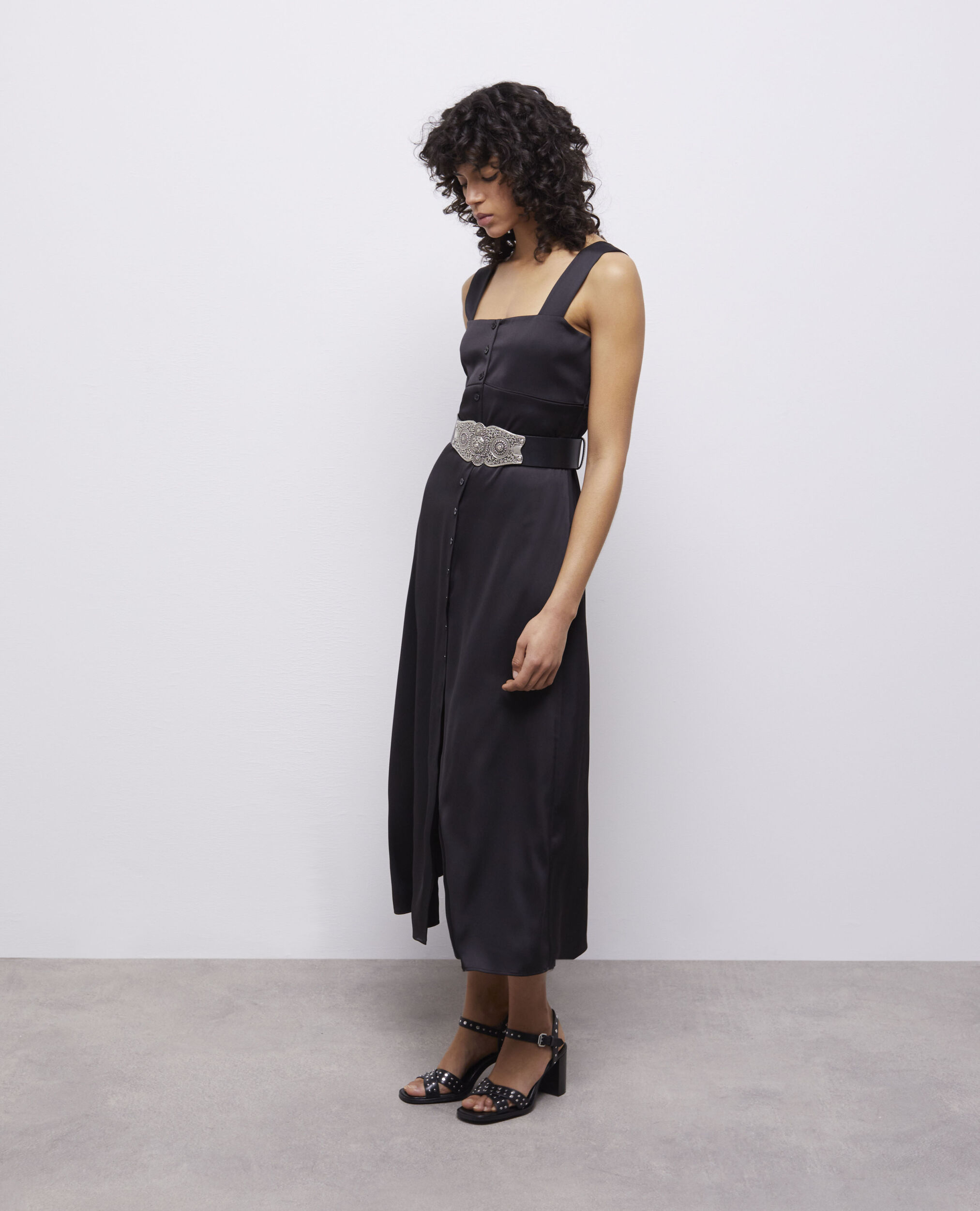 Vestido largo negro botonadura, BLACK, hi-res image number null