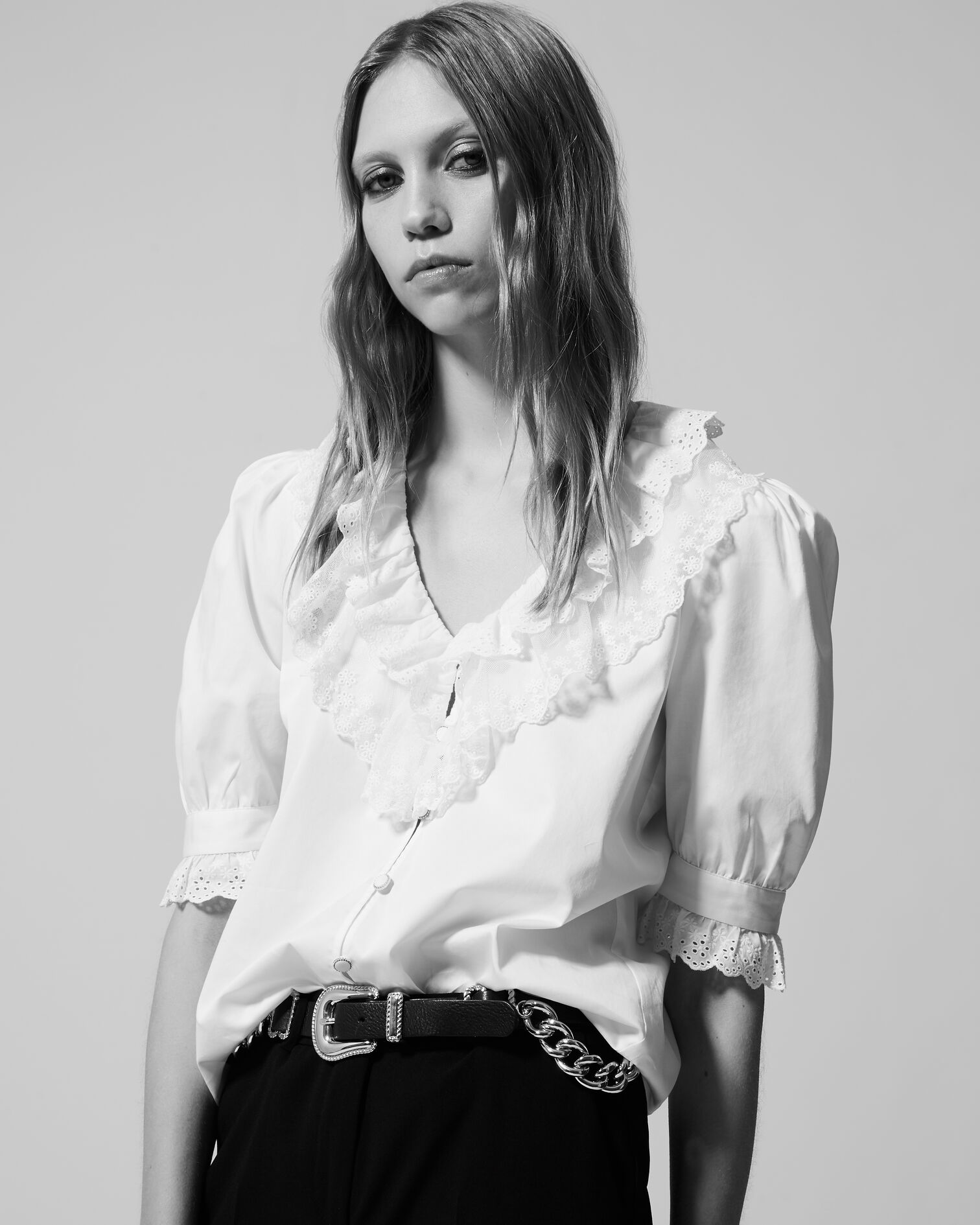 Buttoned ecru cotton shirt with frills, ECRU, hi-res image number null