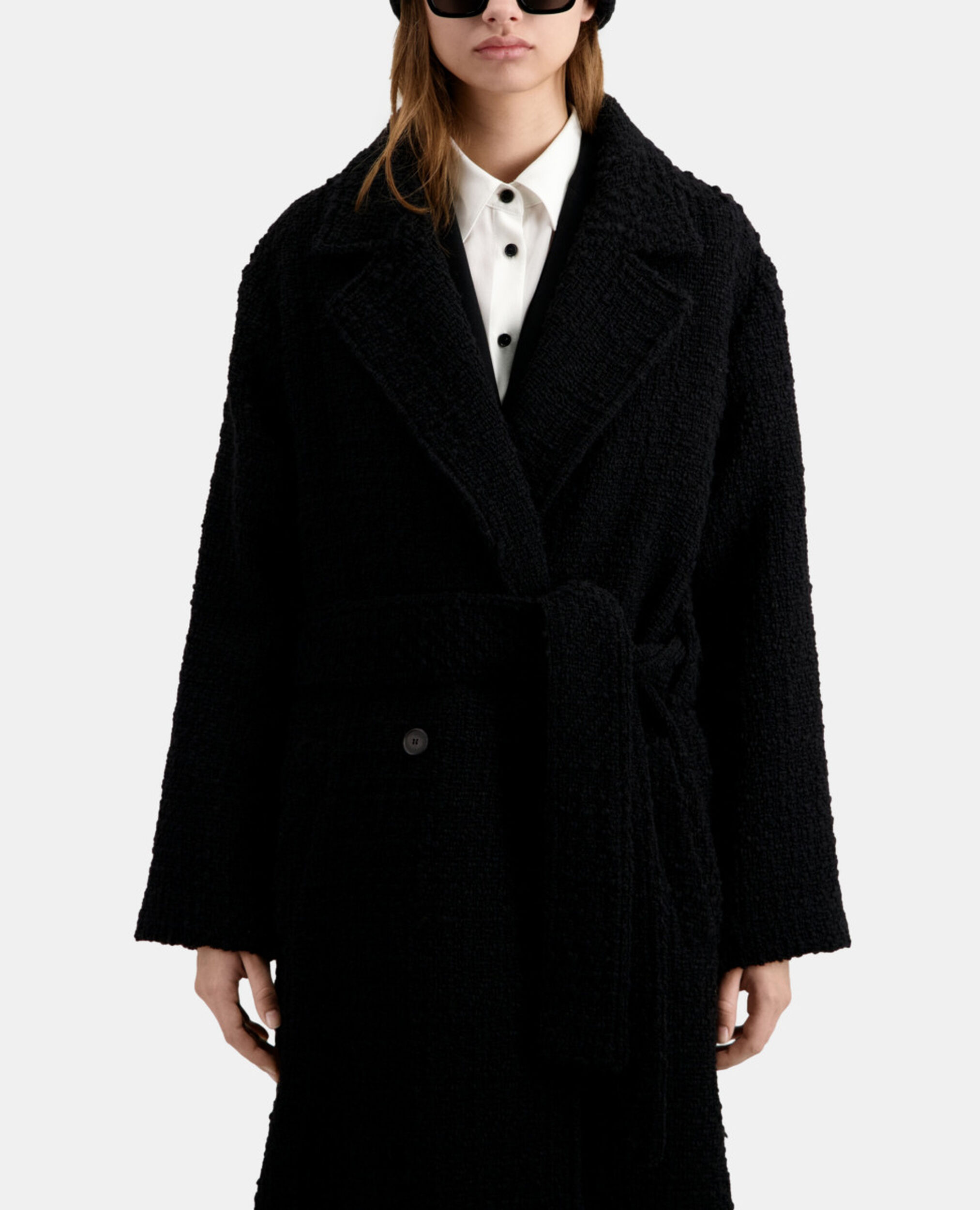 Manteau long noir en tweed, BLACK, hi-res image number null