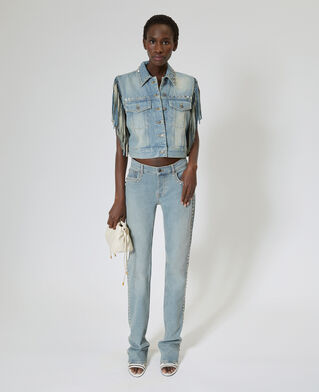 The Kooples FEMME BABY BLUE blouson en denim avec franges et studs bleu