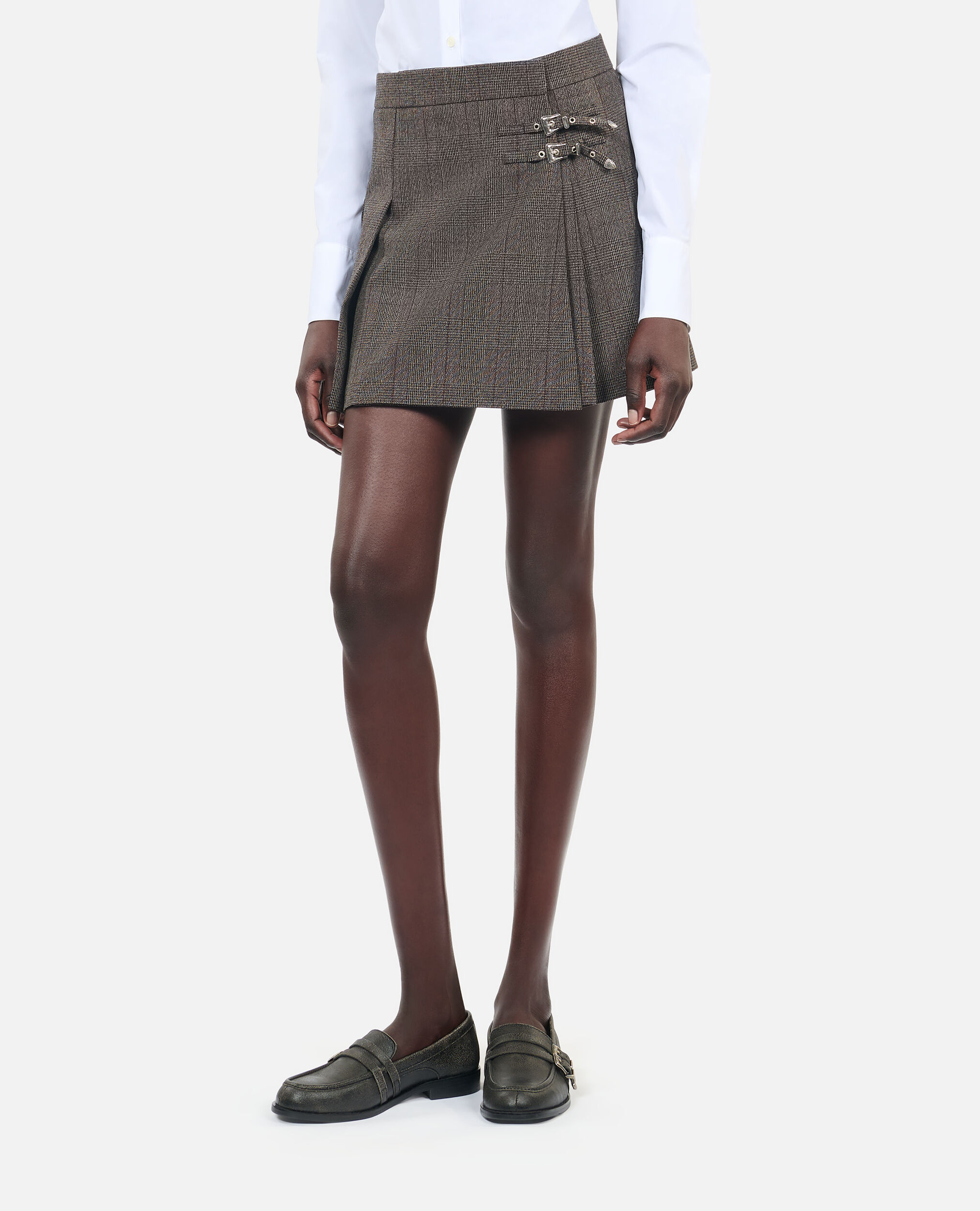 Prince of Wales short pleated wool wrap skirt, BROWN, hi-res image number null