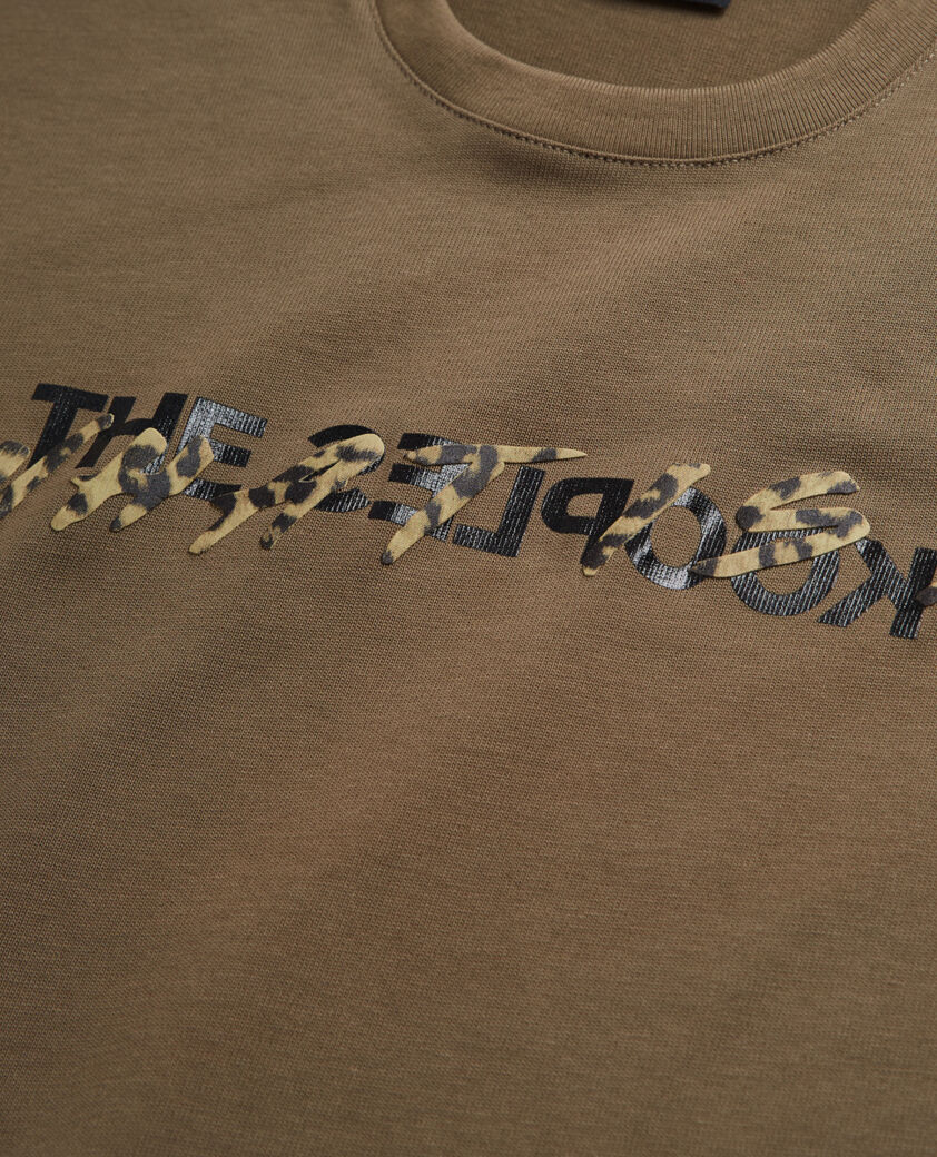 The Kooples DAMEN ALGUE khakifarbenes t-shirt damen mit leopardenmuster und "what is"-schriftzug