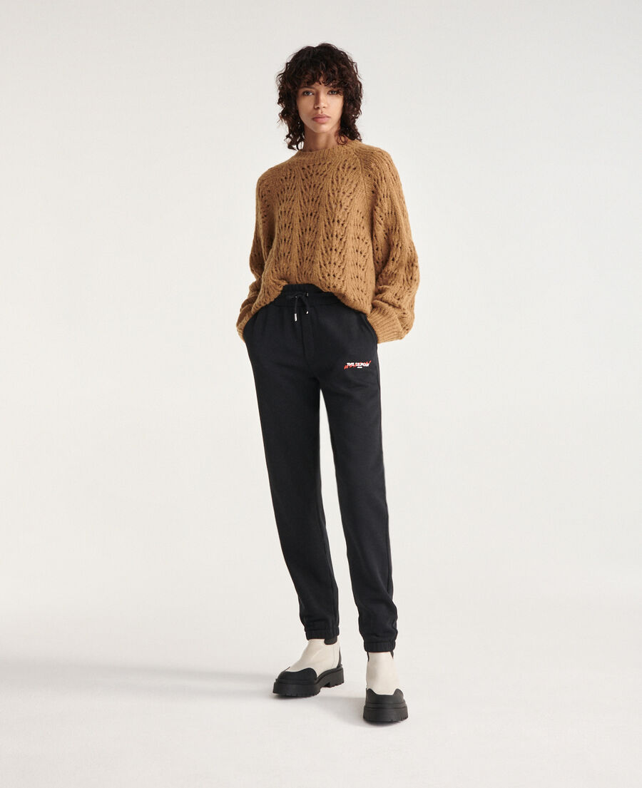 knit camel sweater with puffed sleeves