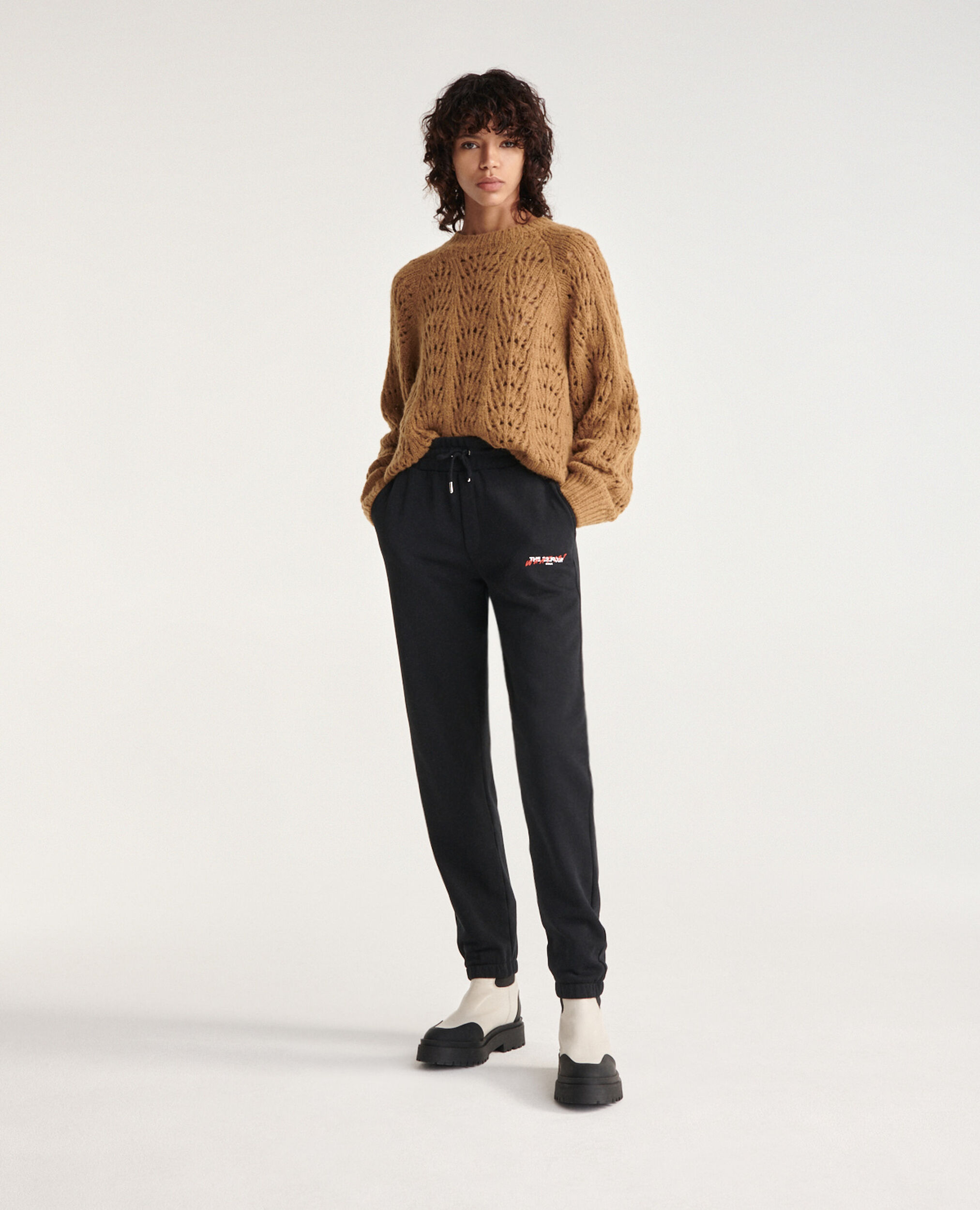 Knit camel sweater with puffed sleeves, BROWN, hi-res image number null