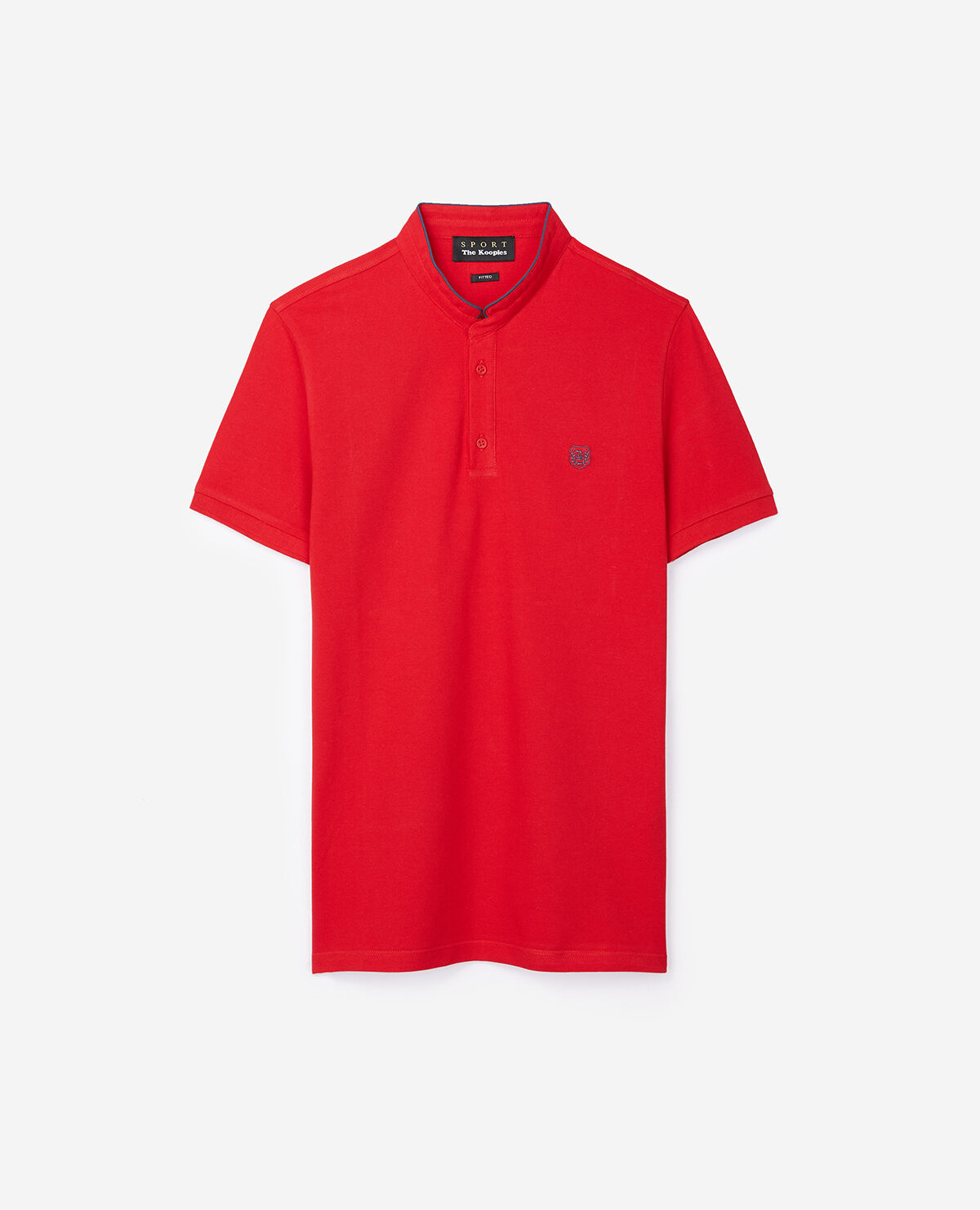Bright red polo shirt with an officer collar and ocean blue