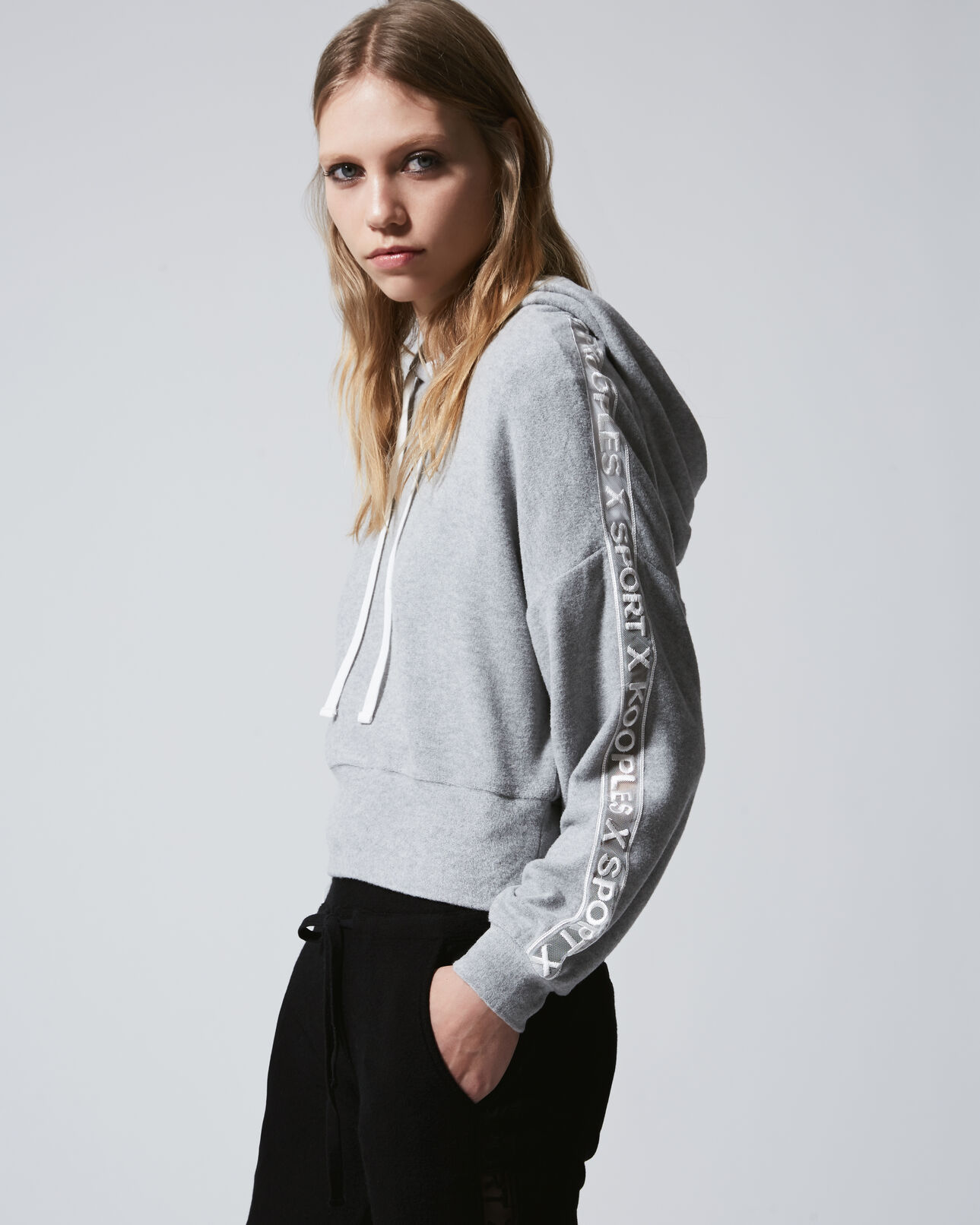 The Kooples WOMEN LIGHT GREY light grey hoodie with tulle insert