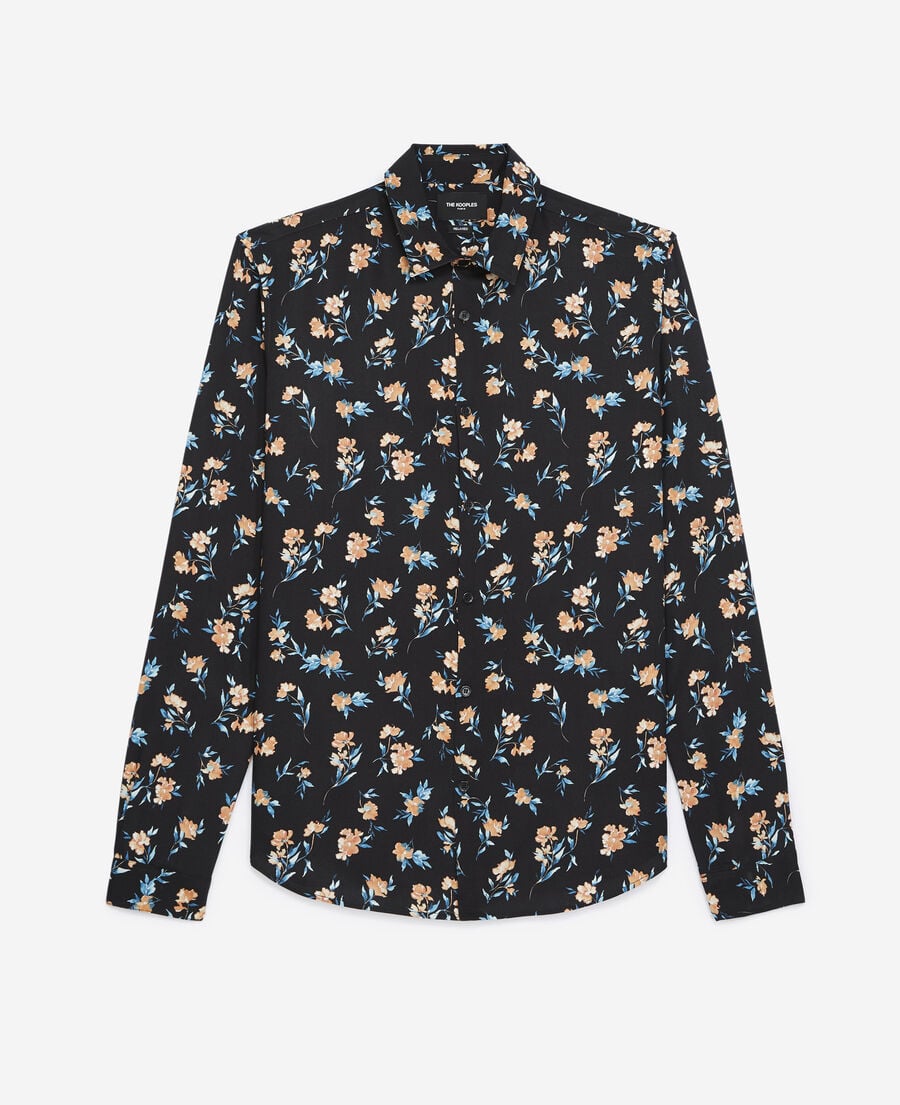 The Kooples H BLACK / PINK black shirt with classic collar - flowers