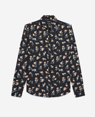 The Kooples H BLACK / PINK black shirt with classic collar - flowers