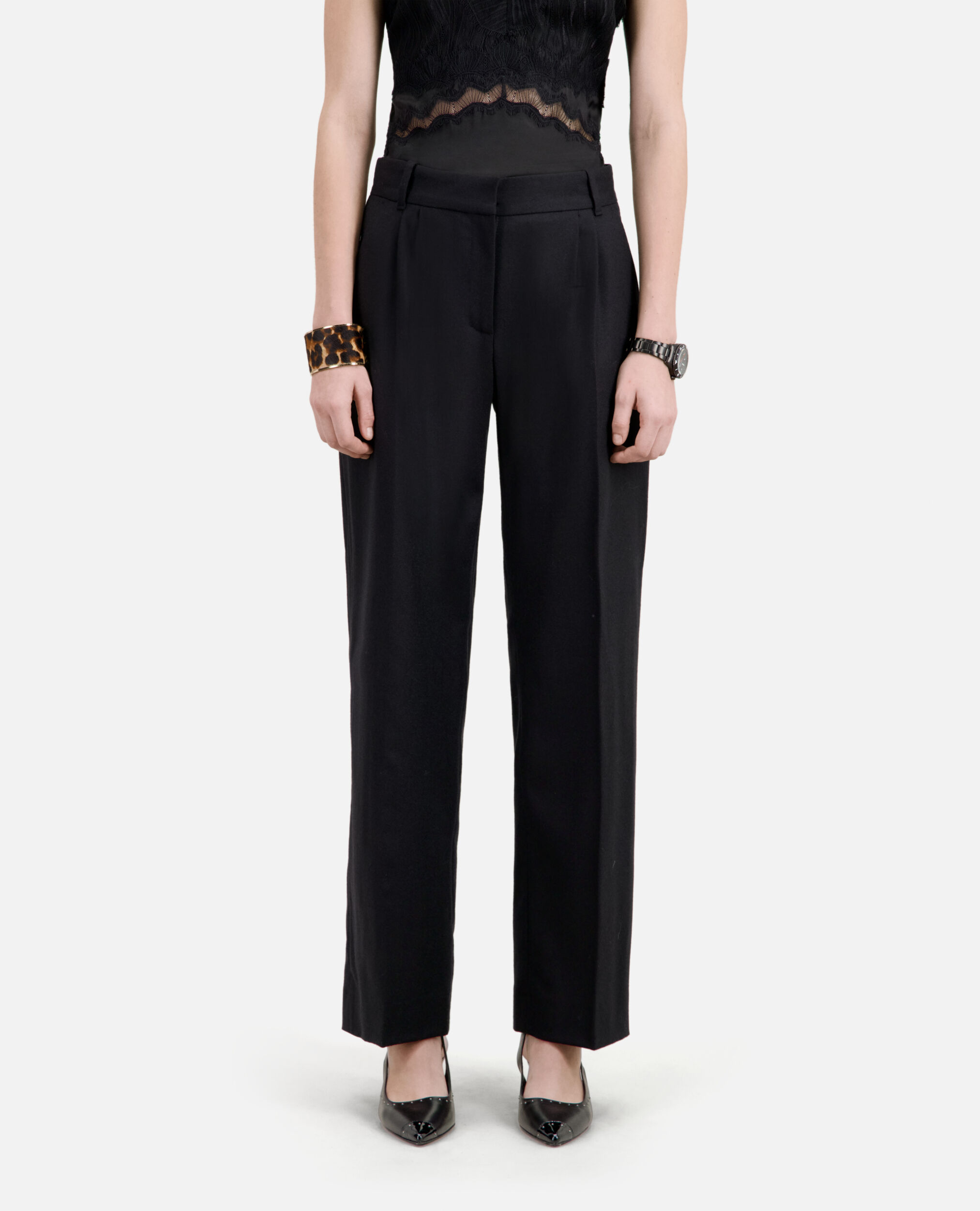 Black flannel trousers with pleats, BLACK, hi-res image number null