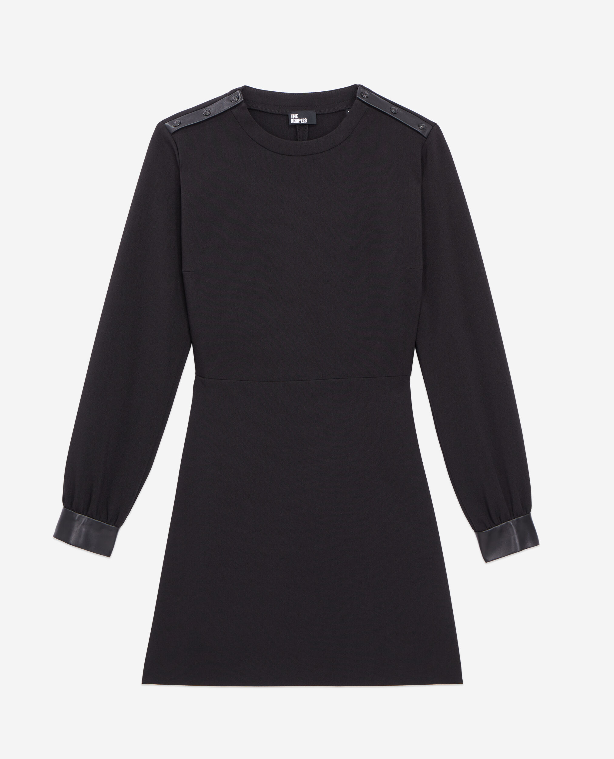 Robe courte en crêpe avec détails en cuir, BLACK, hi-res image number null