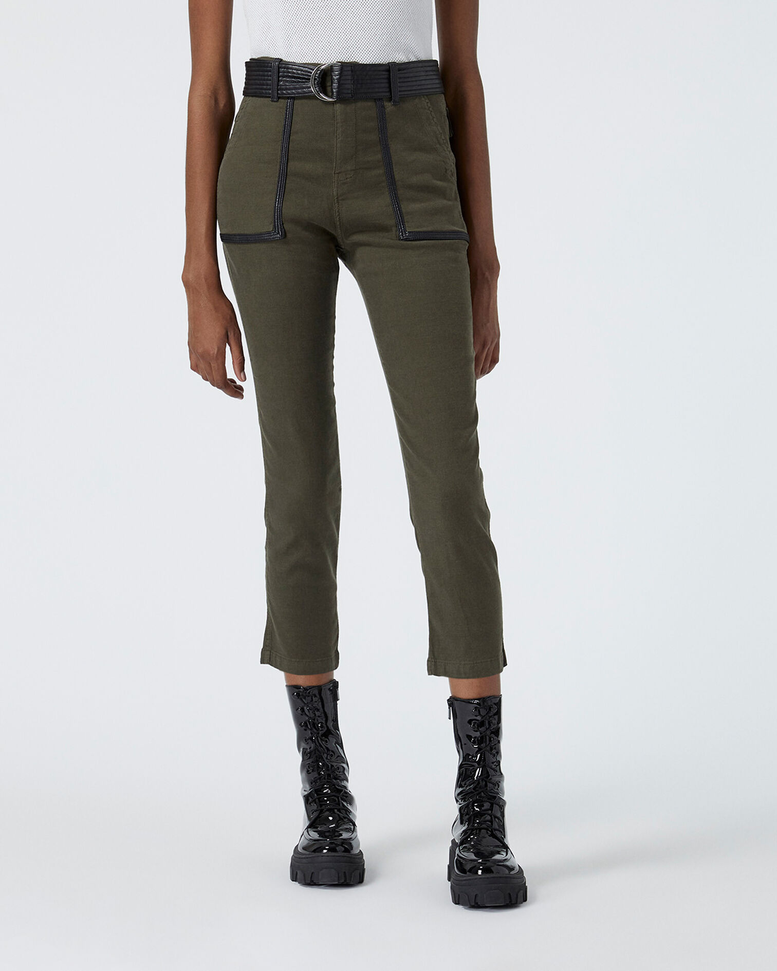 Khaki military pants with leather belt, KAKI, hi-res image number null