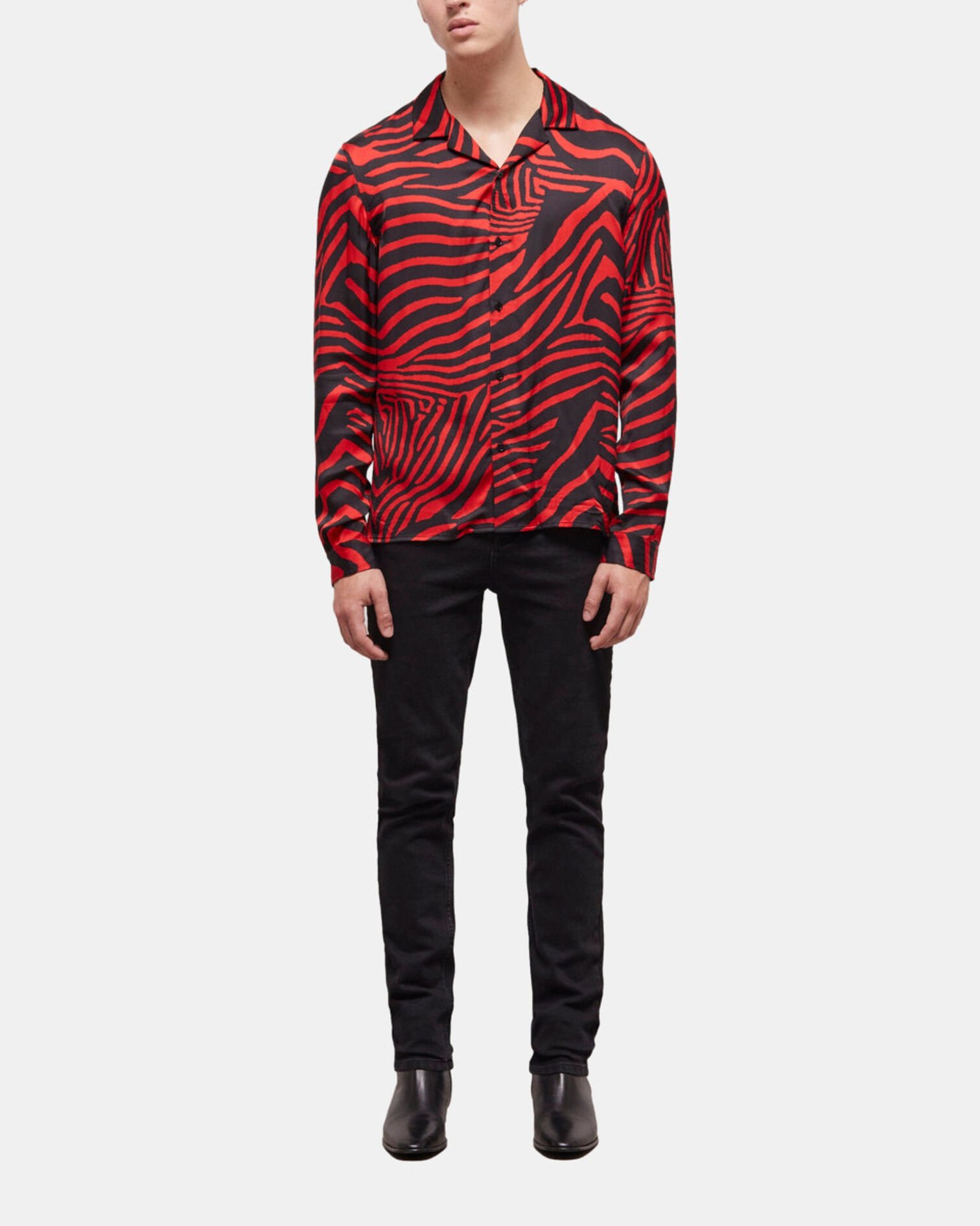 Red printed shirt with Hawaiian collar, BLACK - RED, hi-res image number null