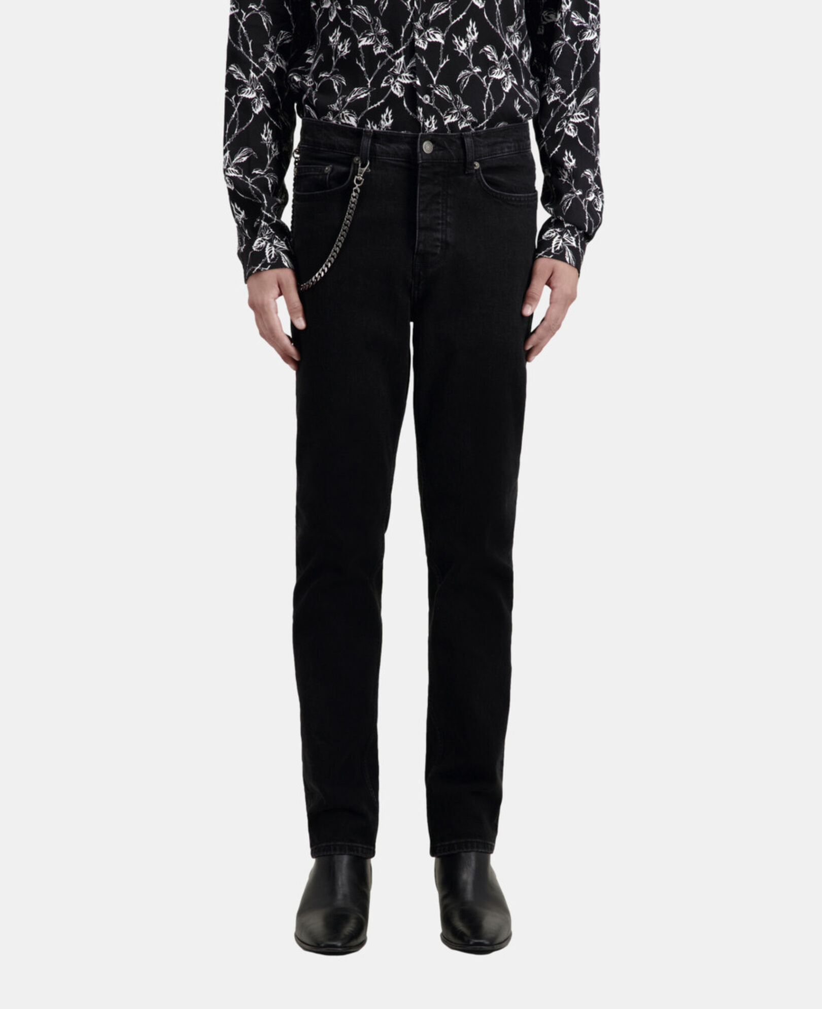 The Kooples HERREN BLACK WASHED schwarze jeans mit geradem bein und kette