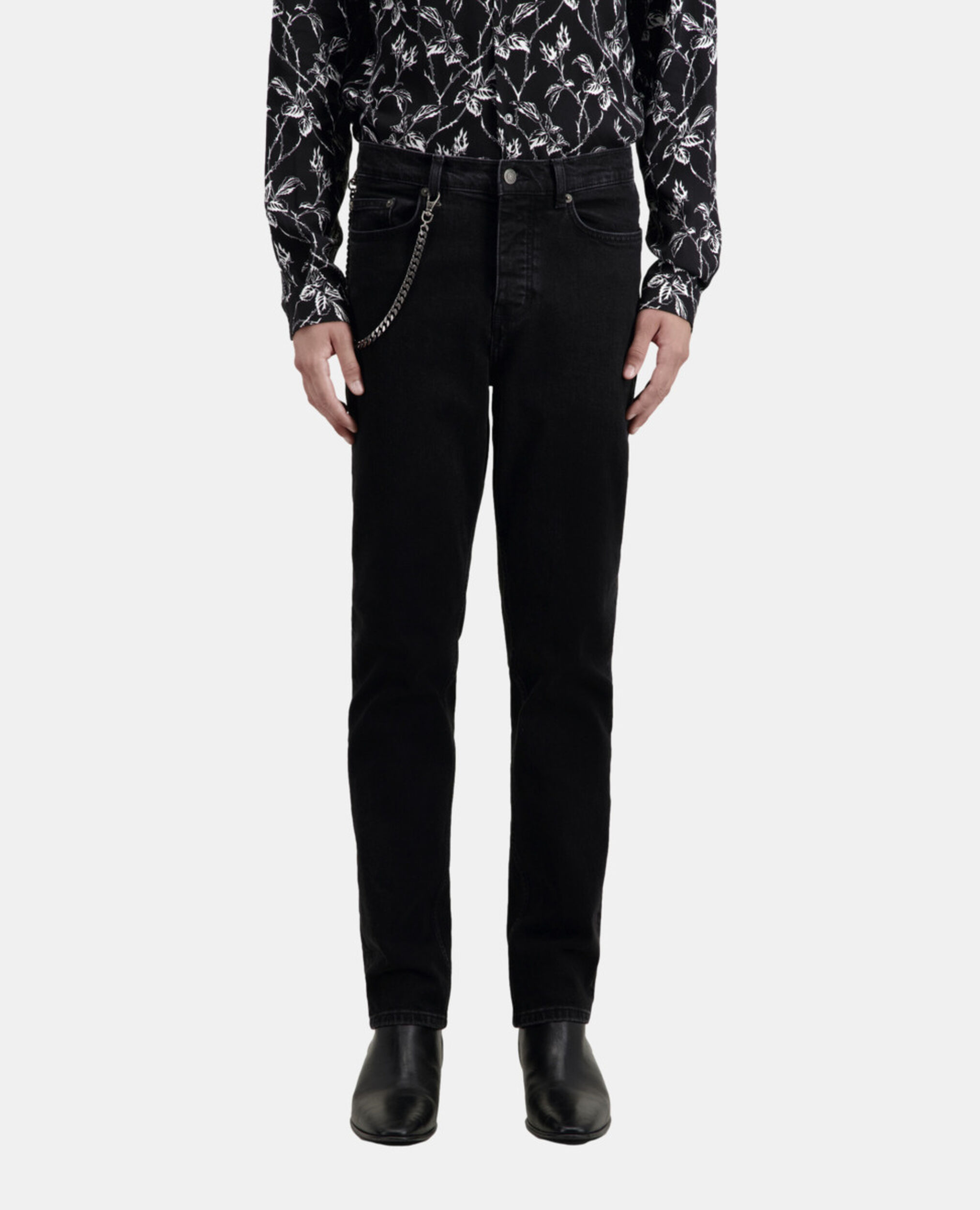 Schwarze Jeans mit geradem Bein und Kette, BLACK WASHED, hi-res image number null