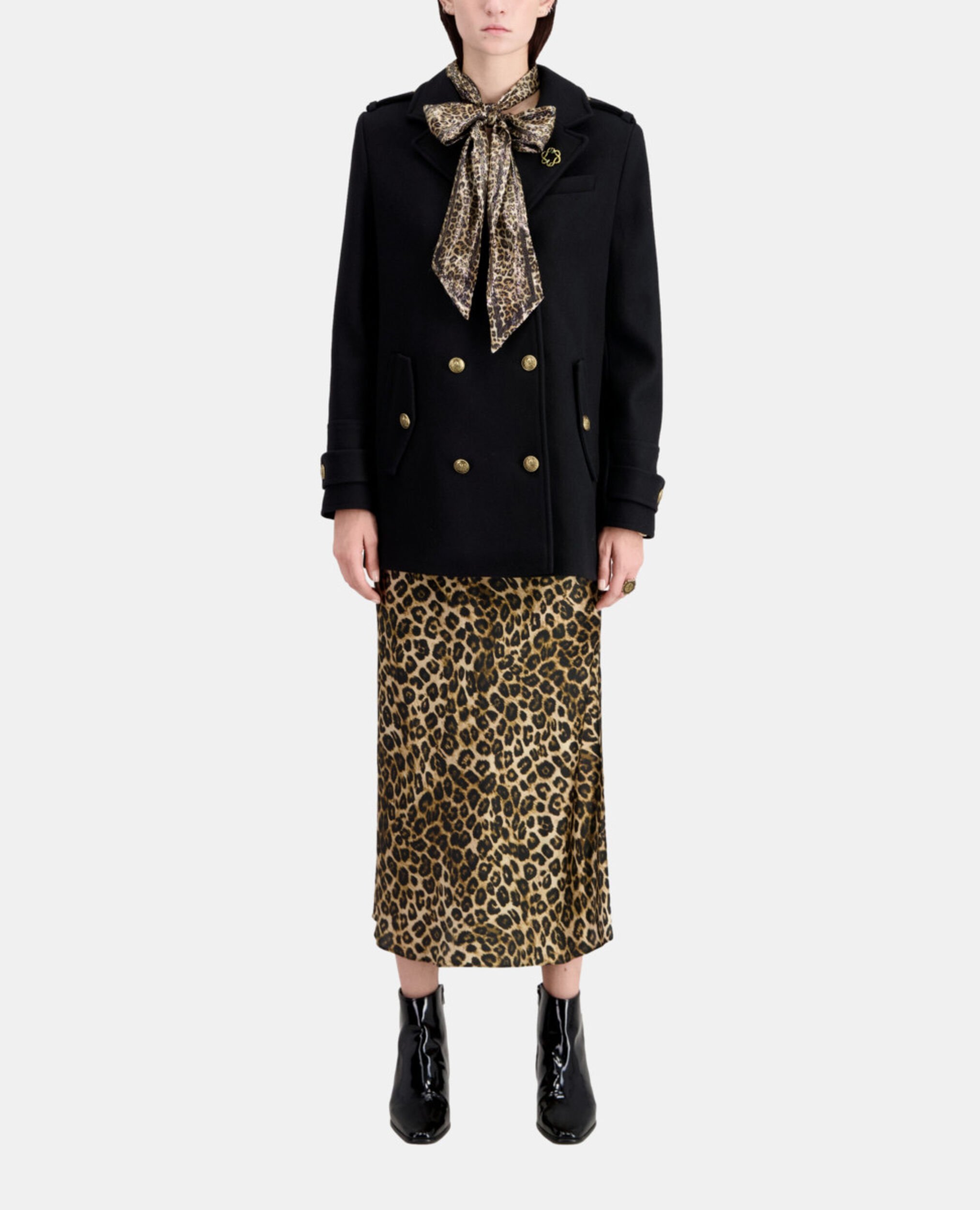 Black wool-blend pea coat, BLACK, hi-res image number null