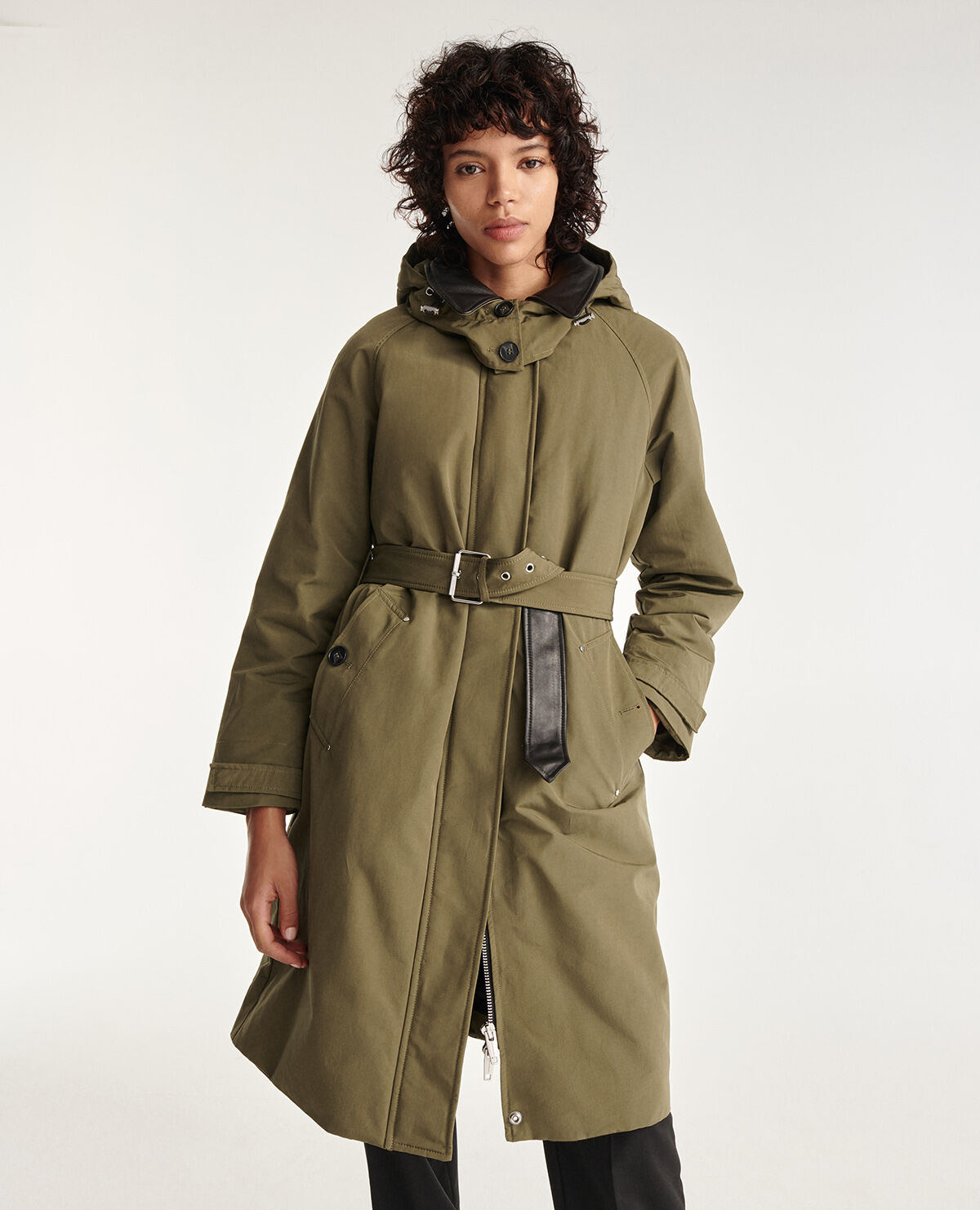 Khaki parka with leather details and belt The Kooples