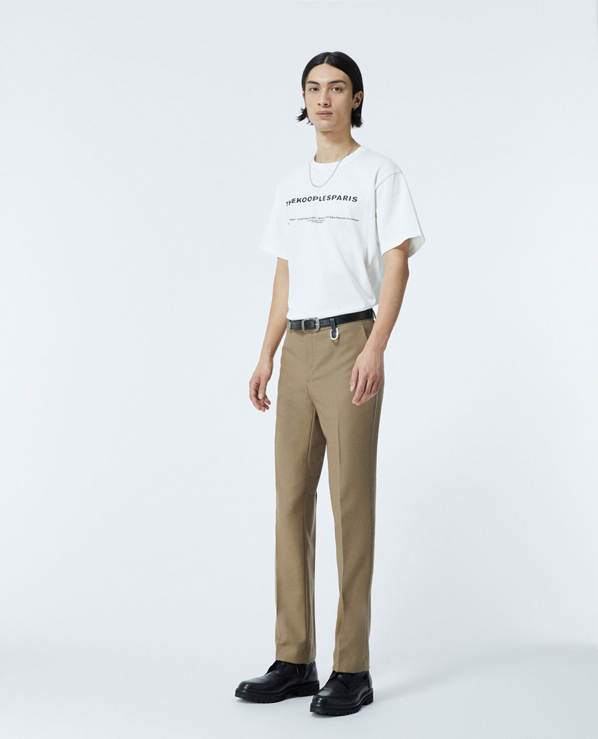 Camel coloured wool trousers w leather detail The Kooples