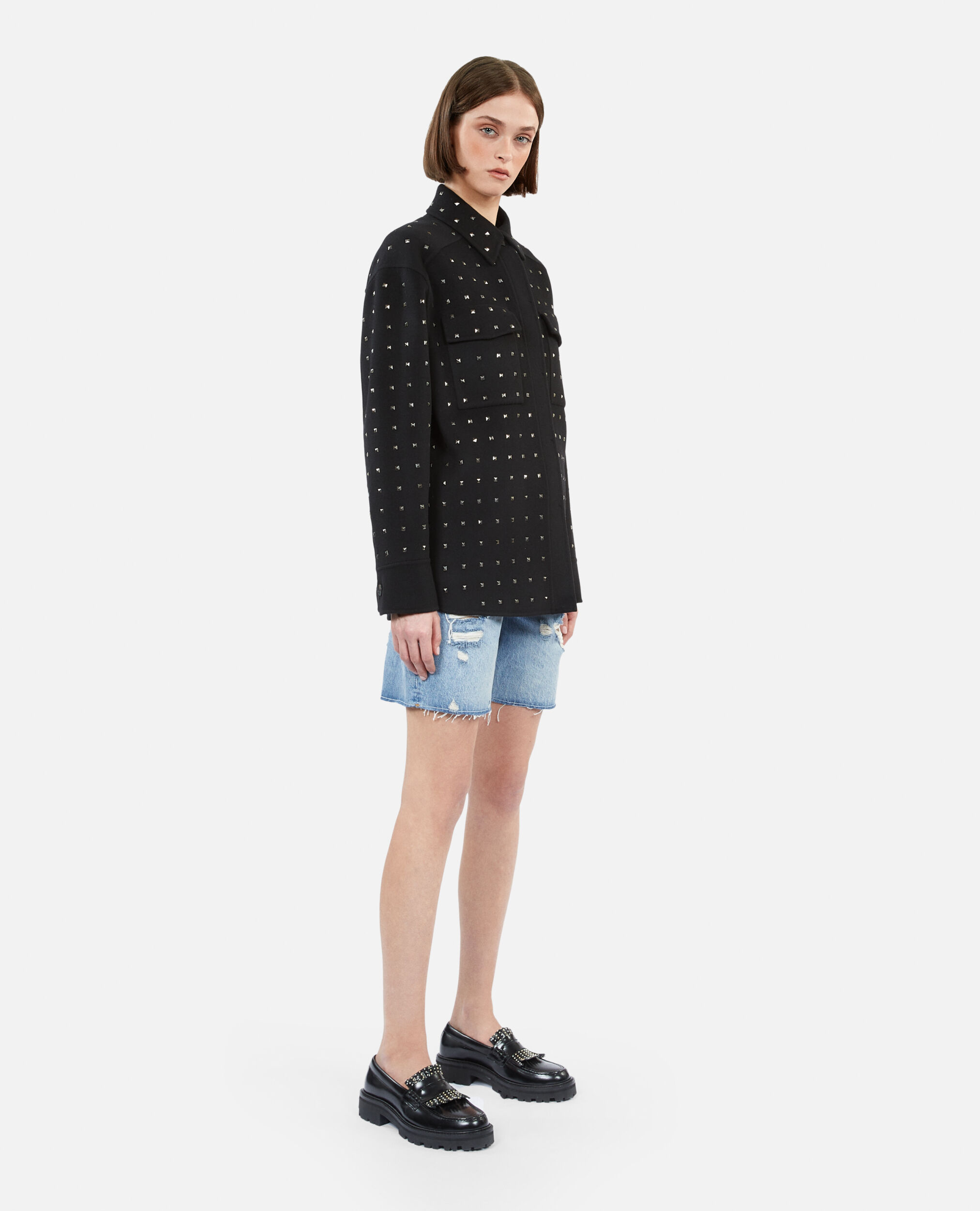 Black wool-blend overshirt-style jacket with studs, BLACK, hi-res image number null
