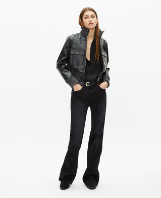 The Kooples DAMEN BLACK schwarze, kurze lederjacke im used-look
