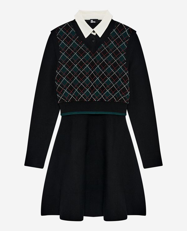 The Kooples FEMME BLACK DARK GREEN robe courte en maille à carreaux noire
