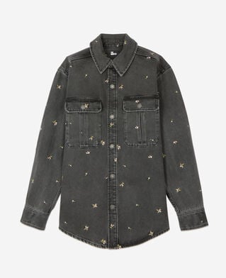 The Kooples WOMEN GREY grey denim overshirt with floral embroidery