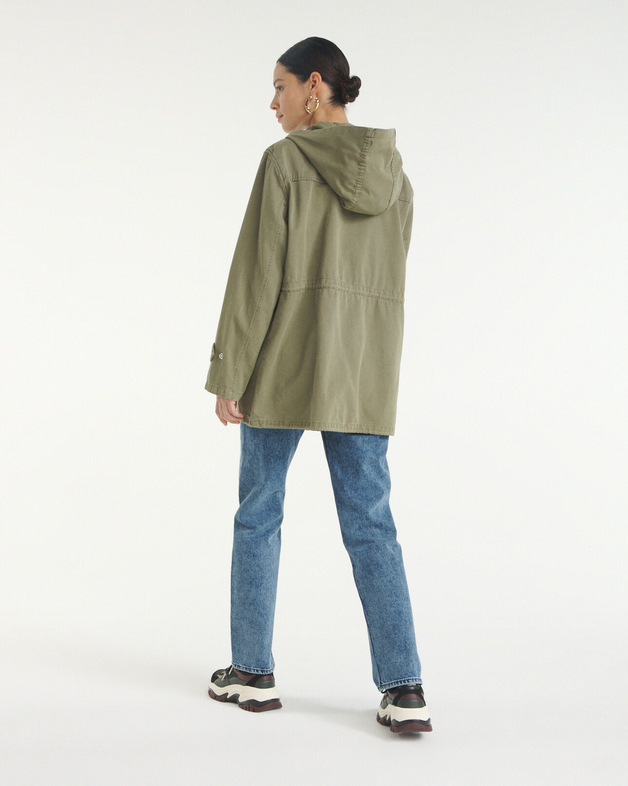 The Kooples WOMEN OLIVE khaki mid-length hooded denim parka