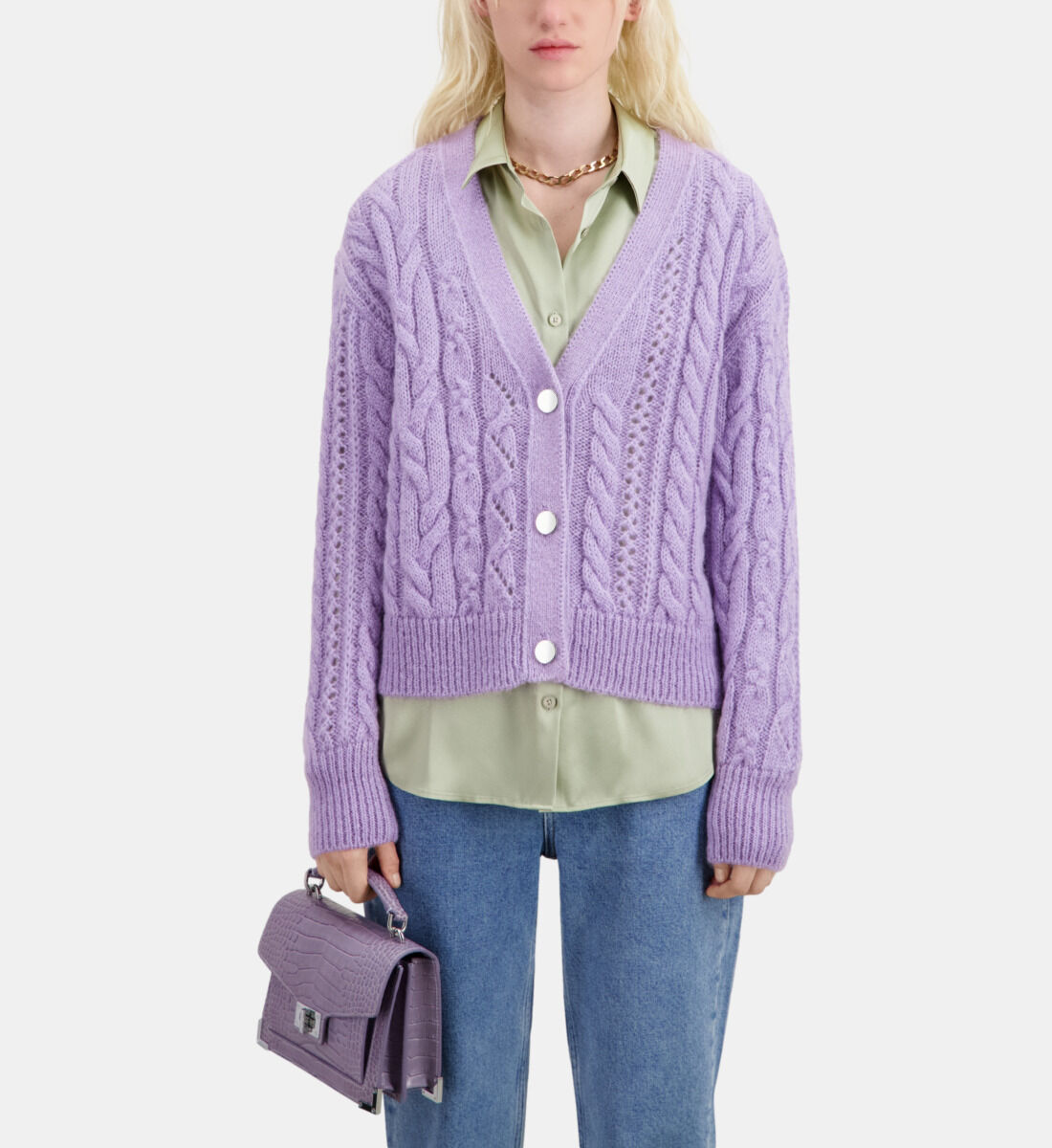 Purple cable knit cardigan store