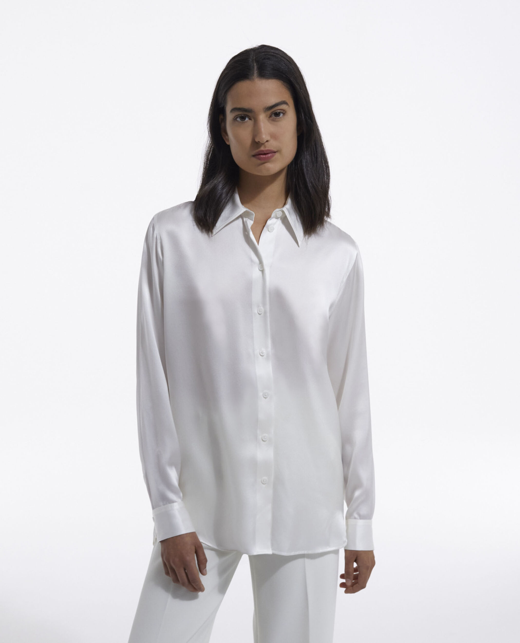 Camisa de seda blanca con puño ancho, WHITE, hi-res image number null