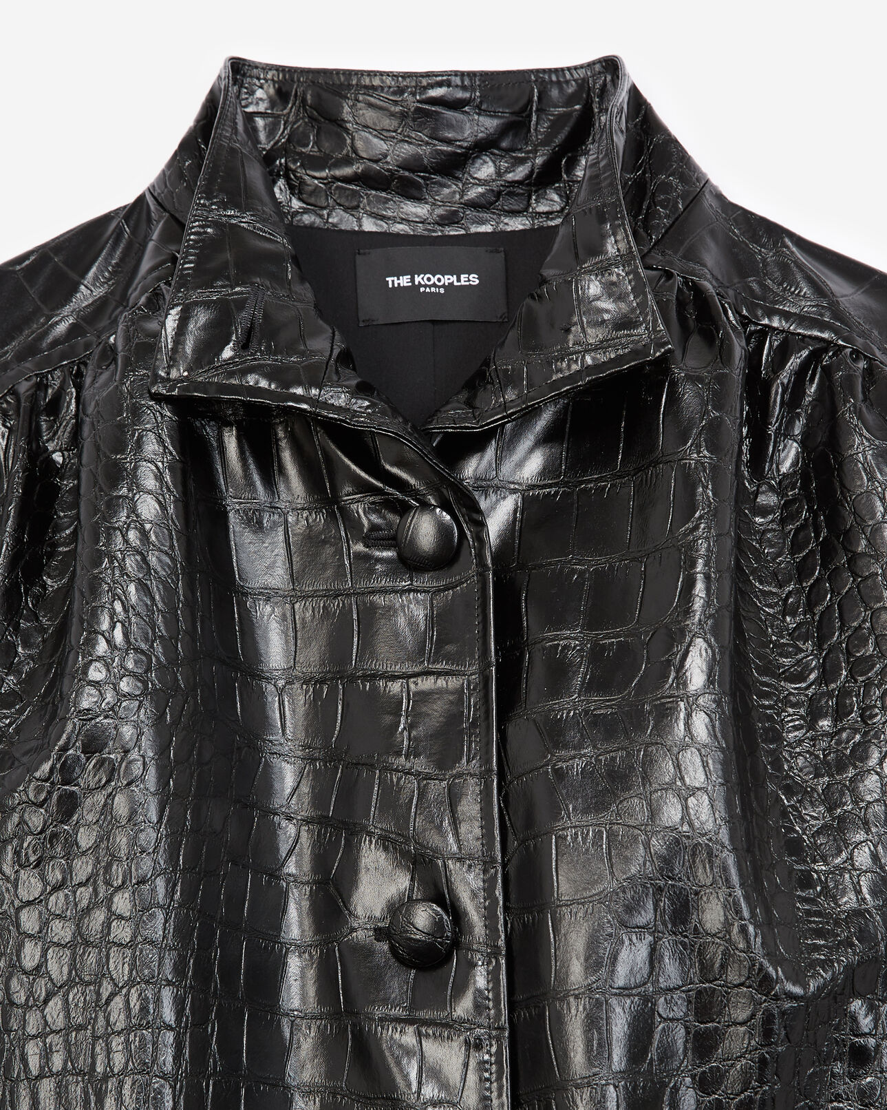 The Kooples DAMEN BLACK schwarzer langer mantel mit lederkragen