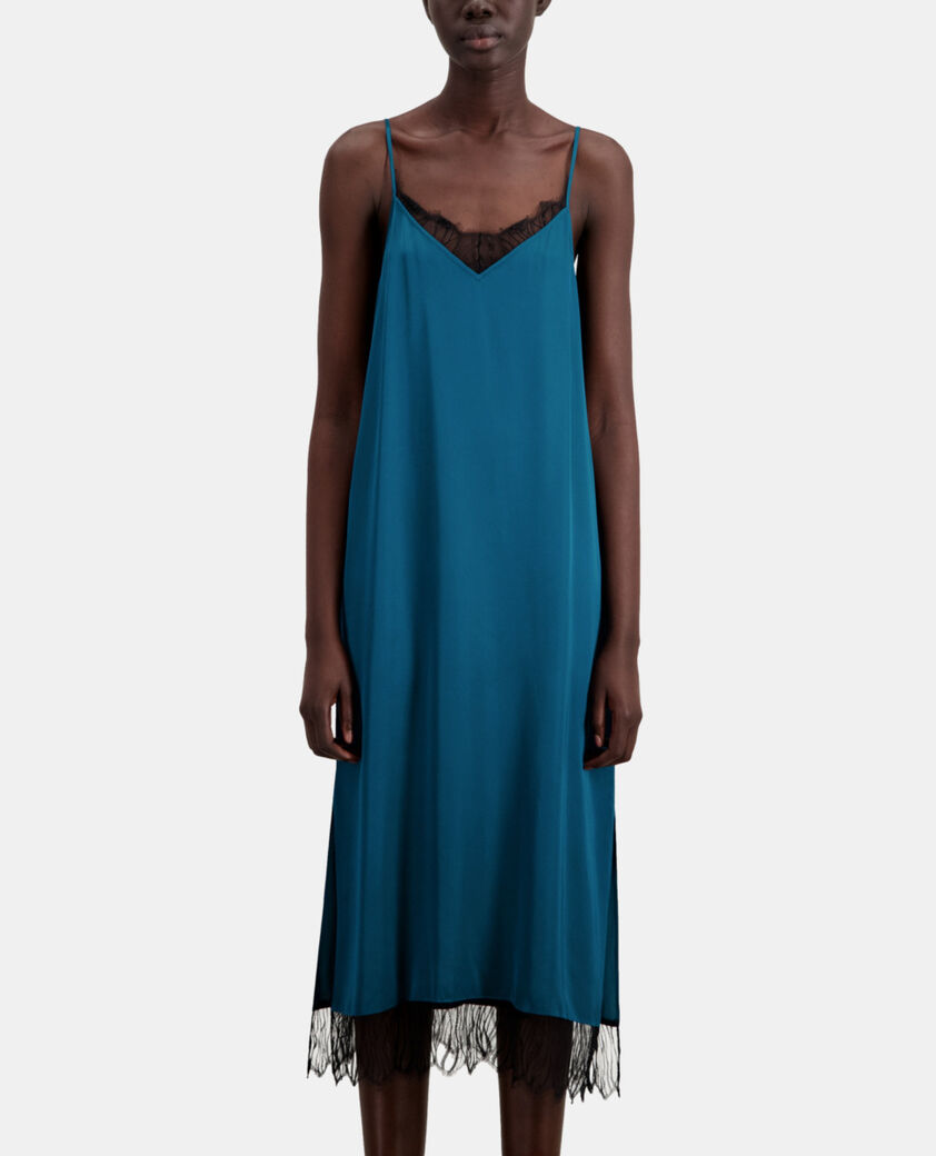 The Kooples FEMME MEDIUM BLUE robe nuisette longue bleue avec détails en dentelle