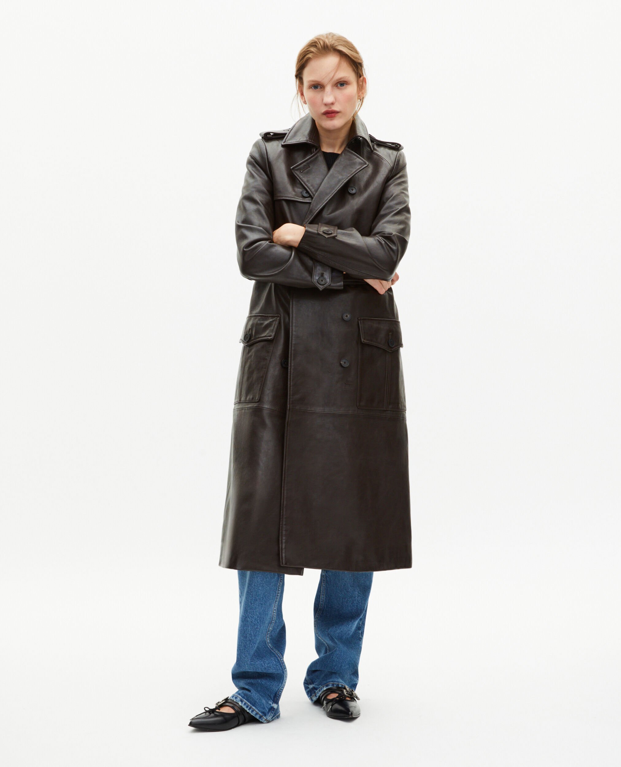 Long brown leather trench coat, DARK BROWN MELANGE, hi-res image number null