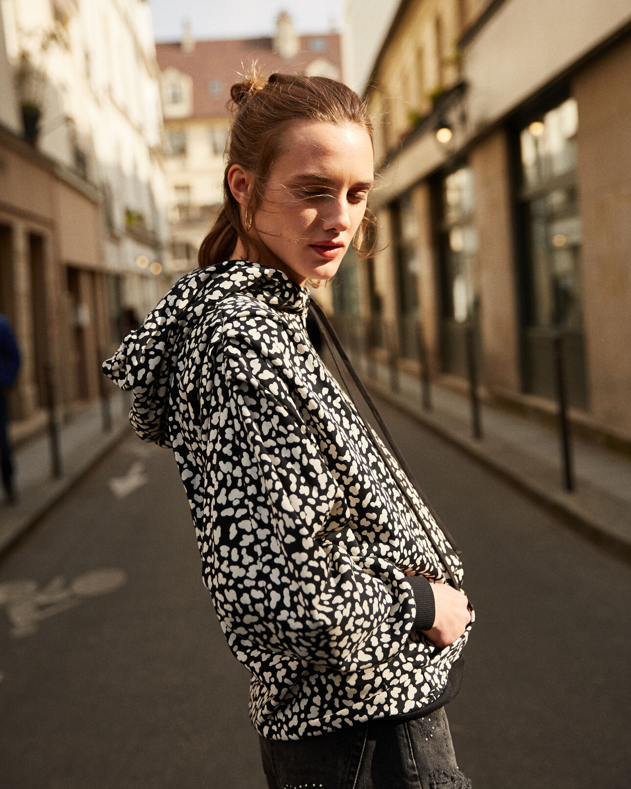 The Kooples WOMEN BLACK WHITE LEOPARD black patterned fleece sweatshirt