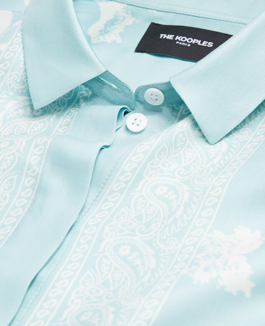 satin blue and white shirt with floral motif