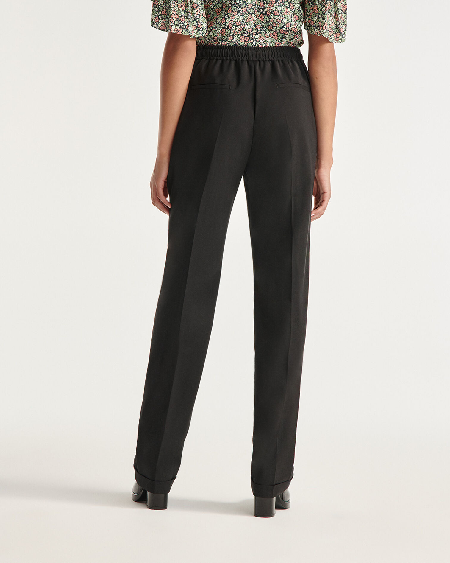 Straight-cut black wool pants with elastic, BLACK, hi-res image number null