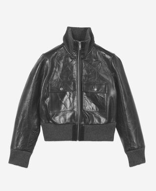 The Kooples DAMEN BLACK schwarze, kurze lederjacke im used-look