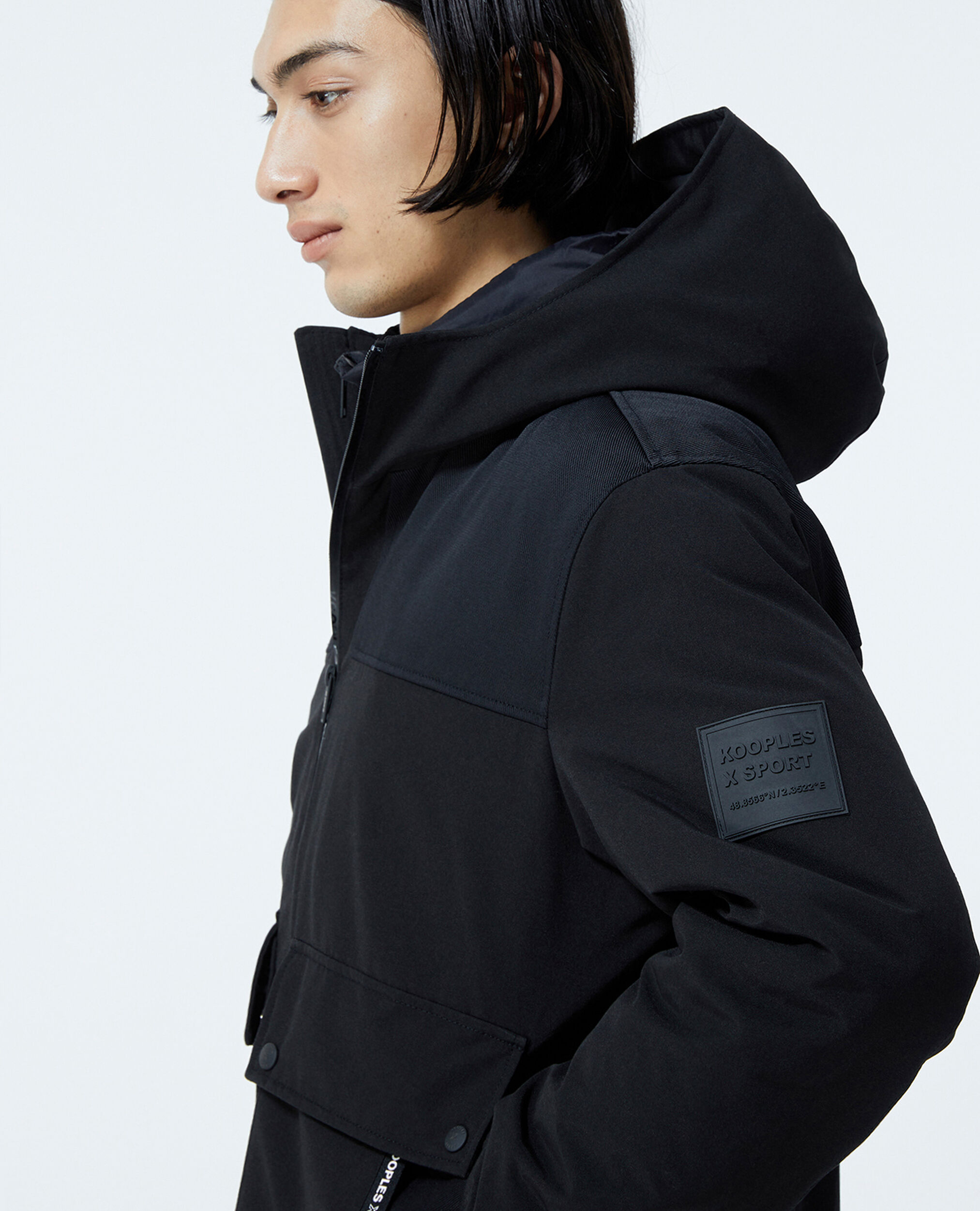 Black cotton down jacket with textured detail, BLACK, hi-res image number null