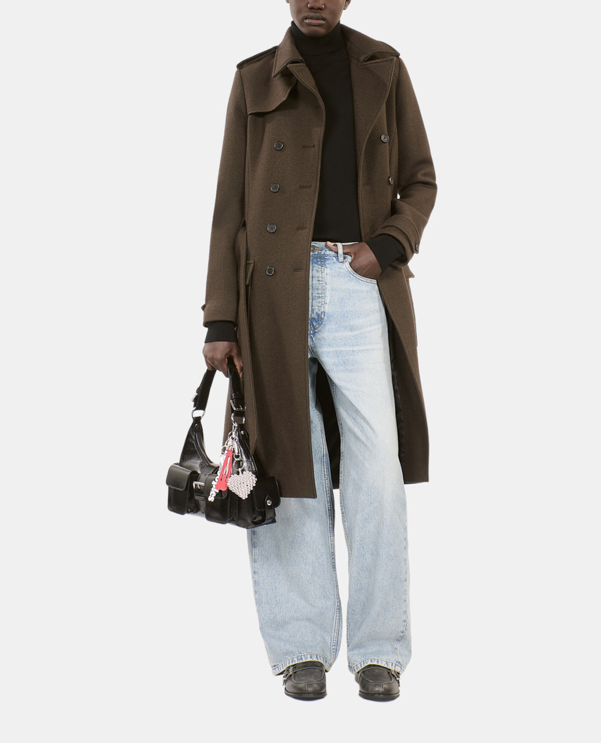 Long wool coat in khaki trench style, KAKI, hi-res image number null
